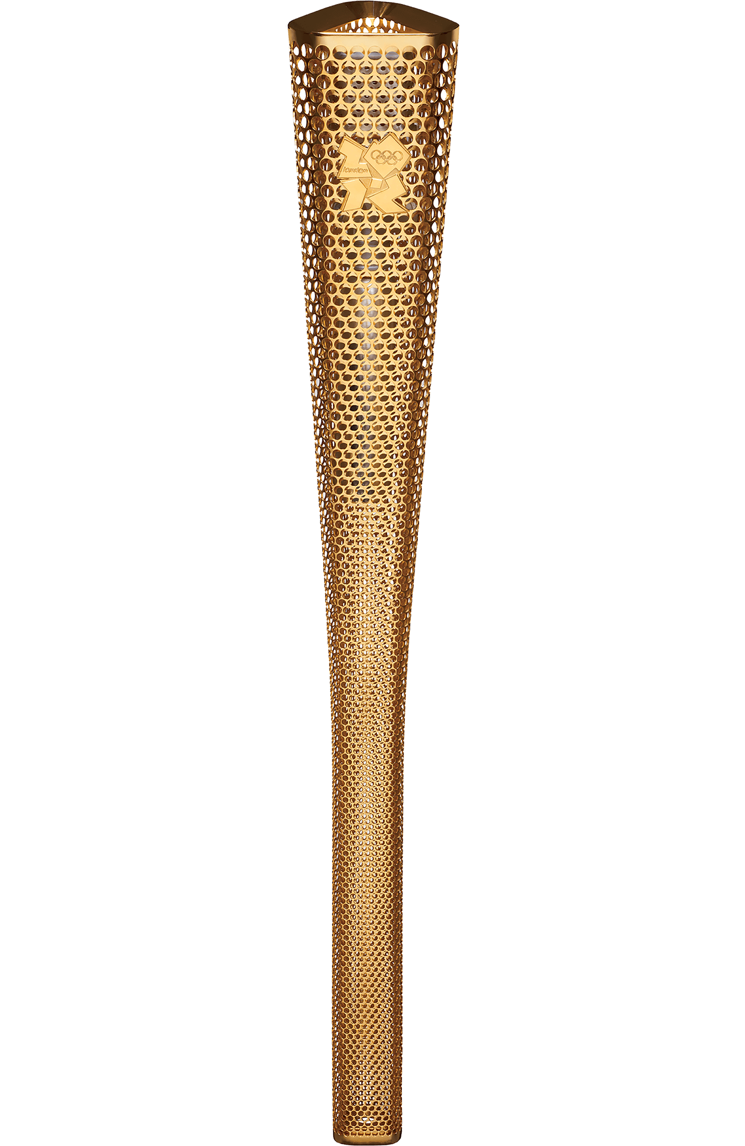 A gold, perforated torch with the Olympic rings logo near the top, tapering toward the bottom.