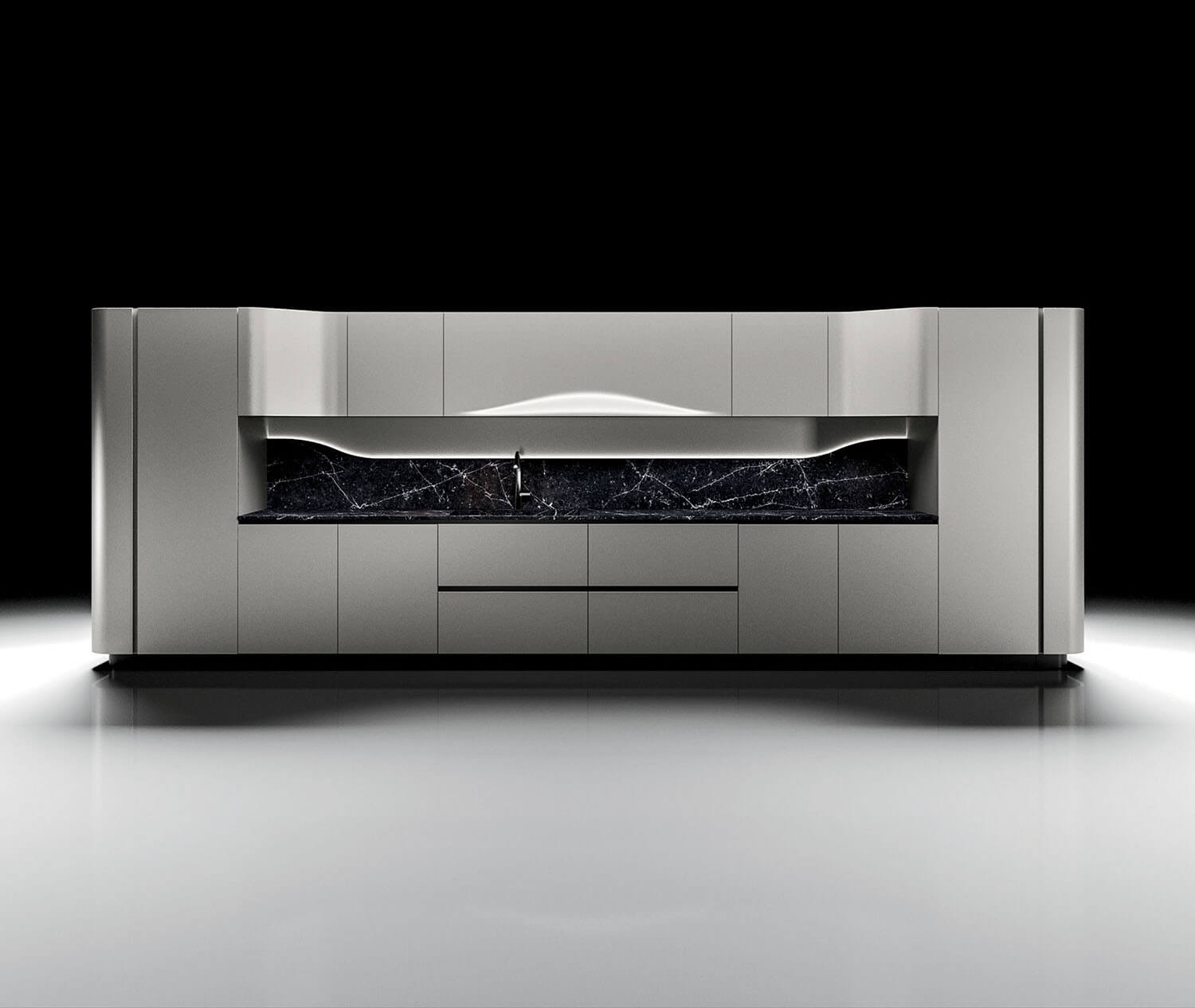 Modern minimalist kitchen with matte gray cabinets, black marble countertop and backsplash, integrated sink, and clean geometric lines, set against a black background.