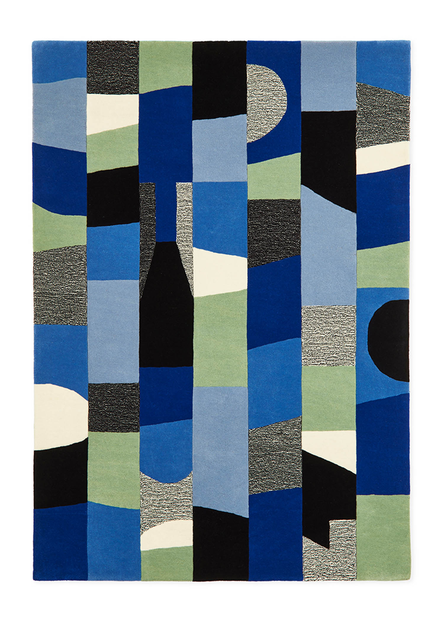 Rectangular rug with abstract geometric patterns in shades of blue, green, black, white, and gray, arranged in vertical strips.