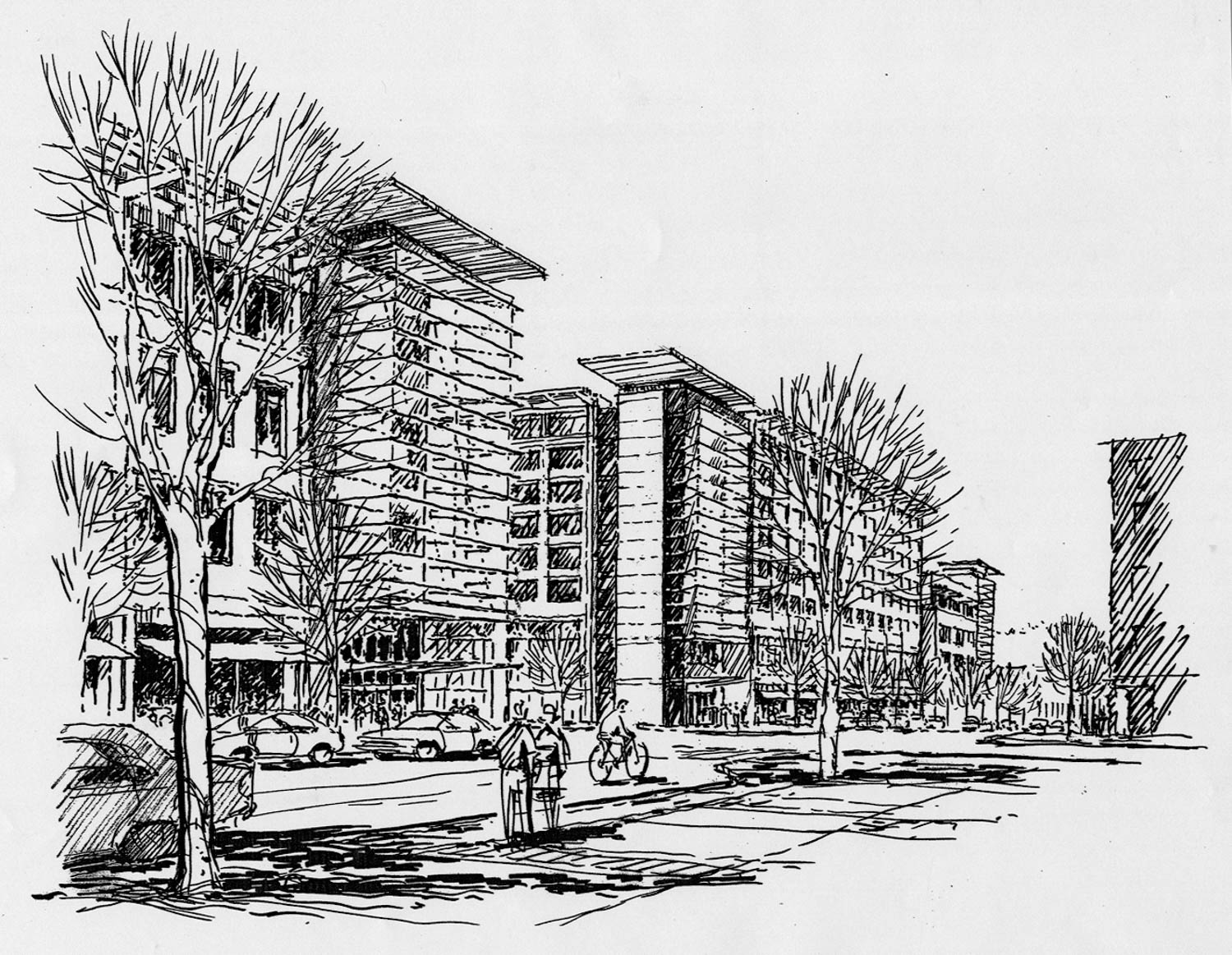 Black and white sketch of a city street with modern mid-rise buildings, bare trees, parked cars, and people walking and biking on the sidewalk.