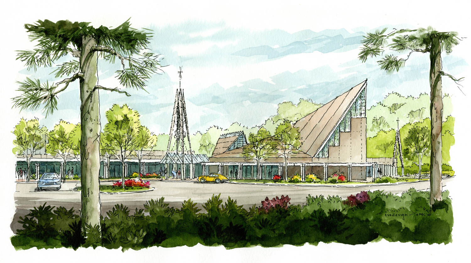 Watercolor illustration of a modern church with sharp, angular roofs, surrounding trees, parked cars, and landscaped flower beds in front.