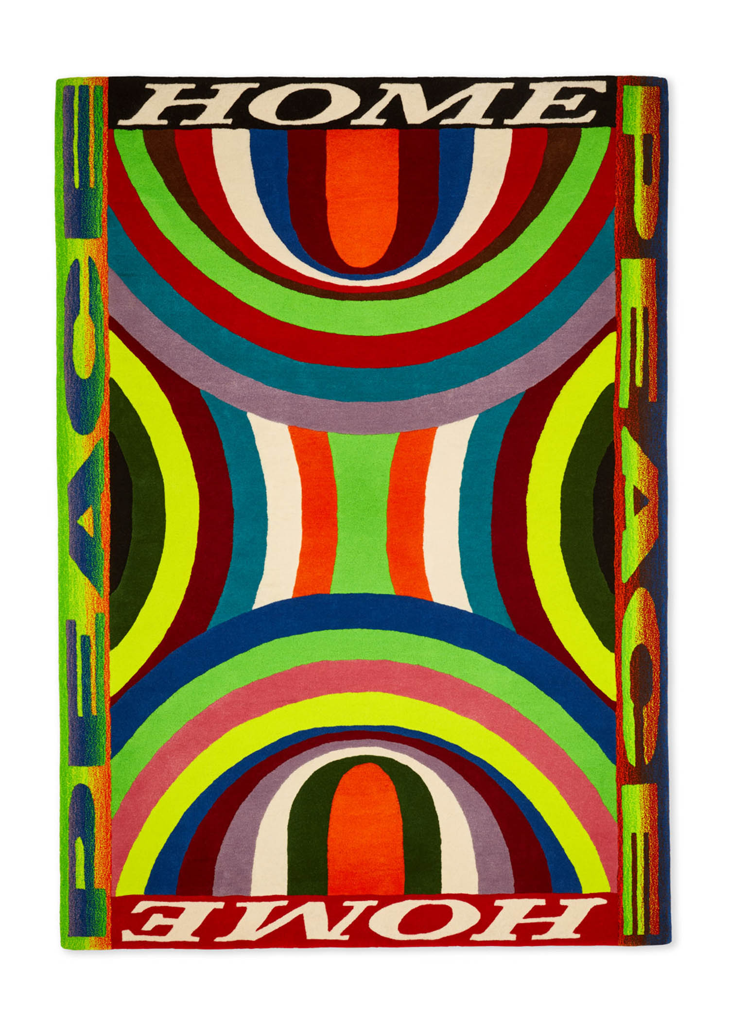 A colorful geometric rug with concentric arches and the words “HOME” at top and bottom, and “PEACE” along both sides in bold letters.