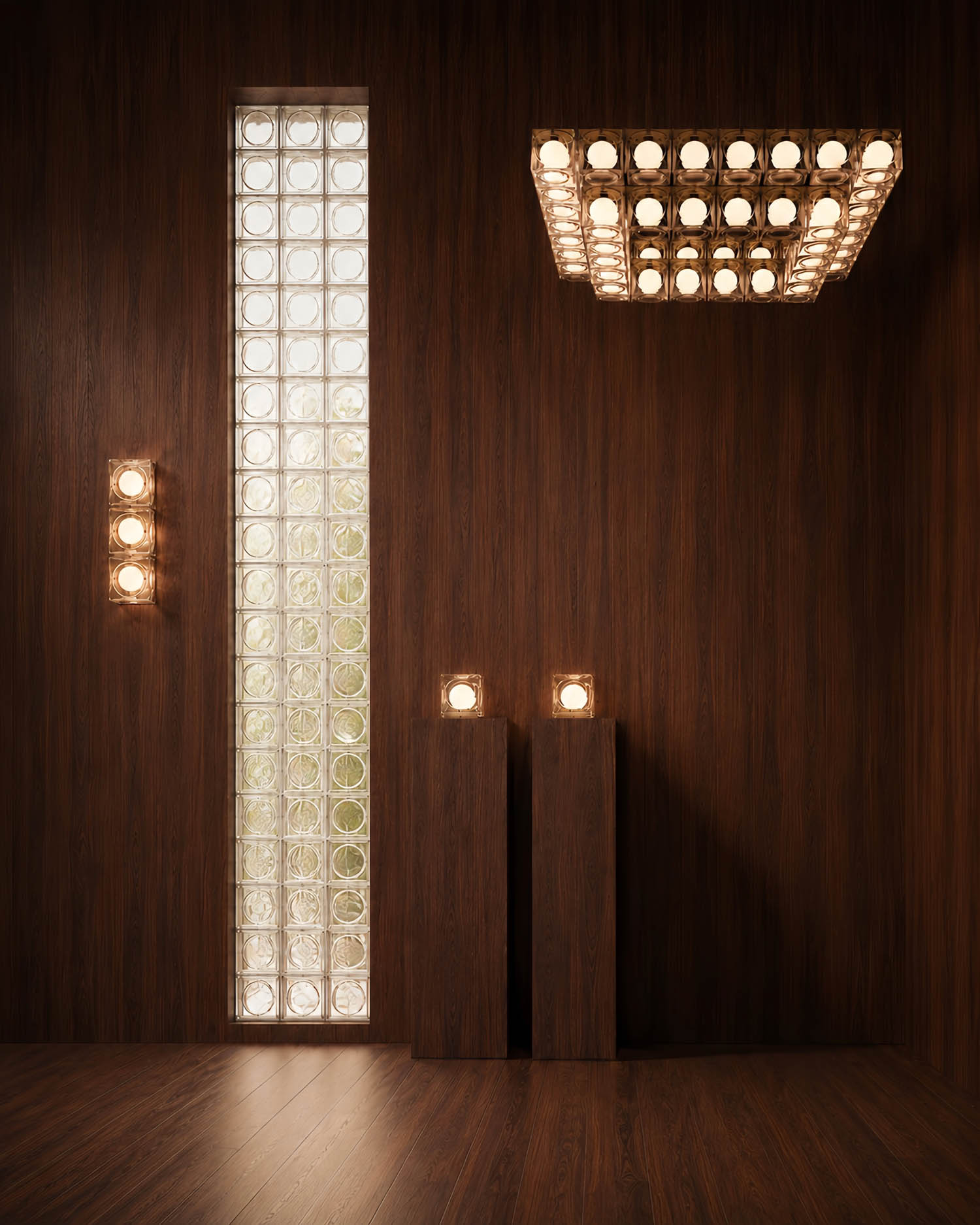 Room with dark wood walls and floor, a tall glass block window, geometric light fixtures, and two pedestal stands with cube lights.