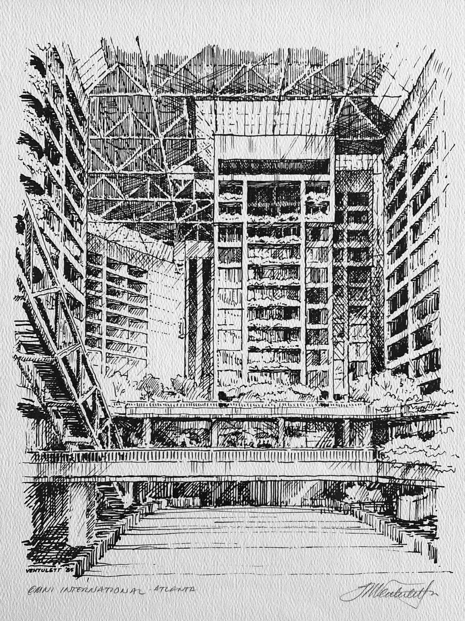 Black and white sketch of a spacious, modern building interior with tall balconies, large windows, and geometric architectural elements.
