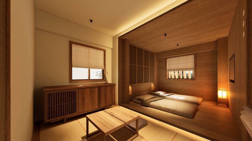 Minimalist Japanese-style bedroom with tatami mats, low wooden furniture, futon beds, and soft, warm lighting from windows and a floor lamp.