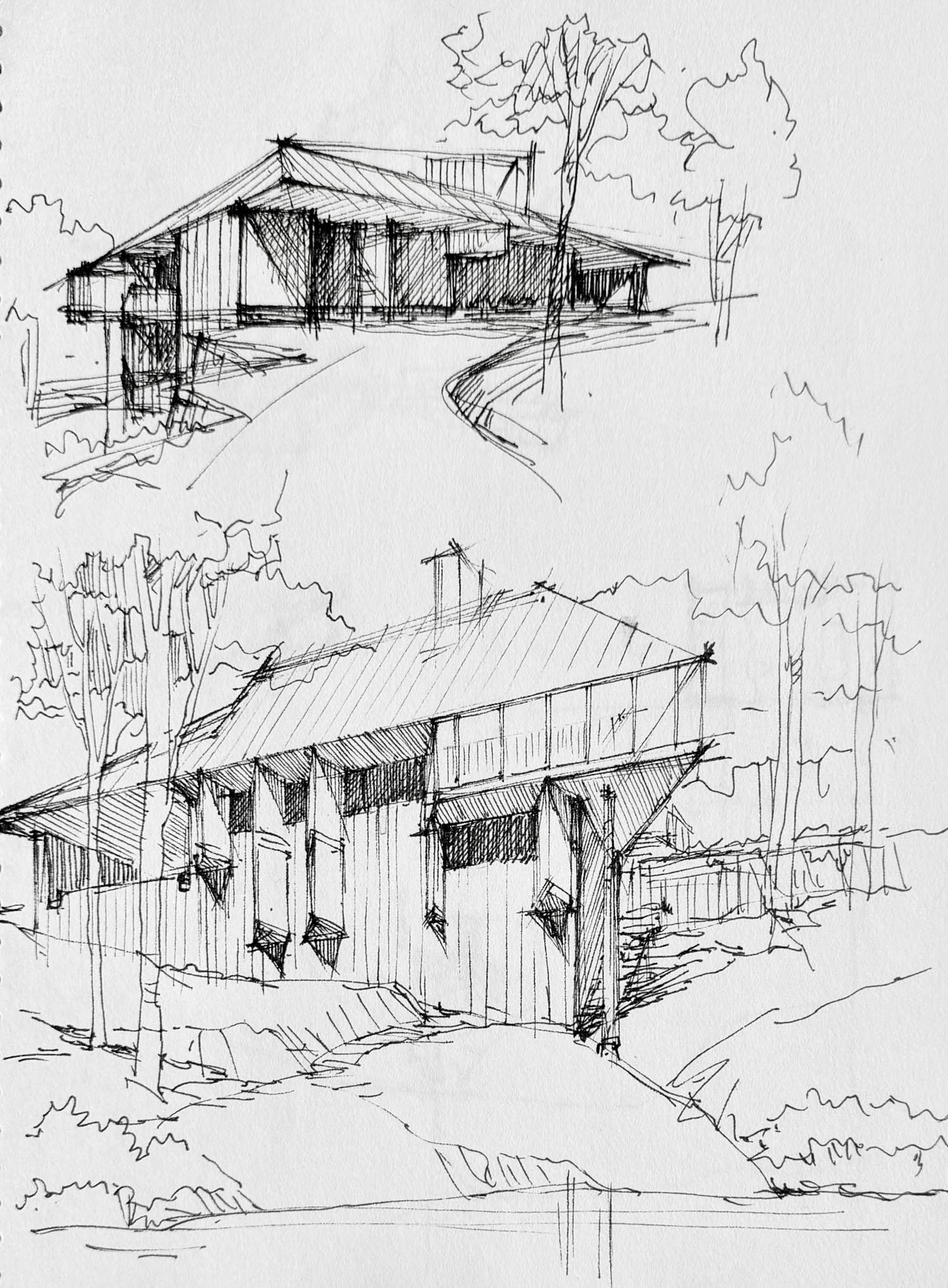 Two black and white architectural sketches of modern-style houses with sloped roofs, surrounded by trees and natural landscape.