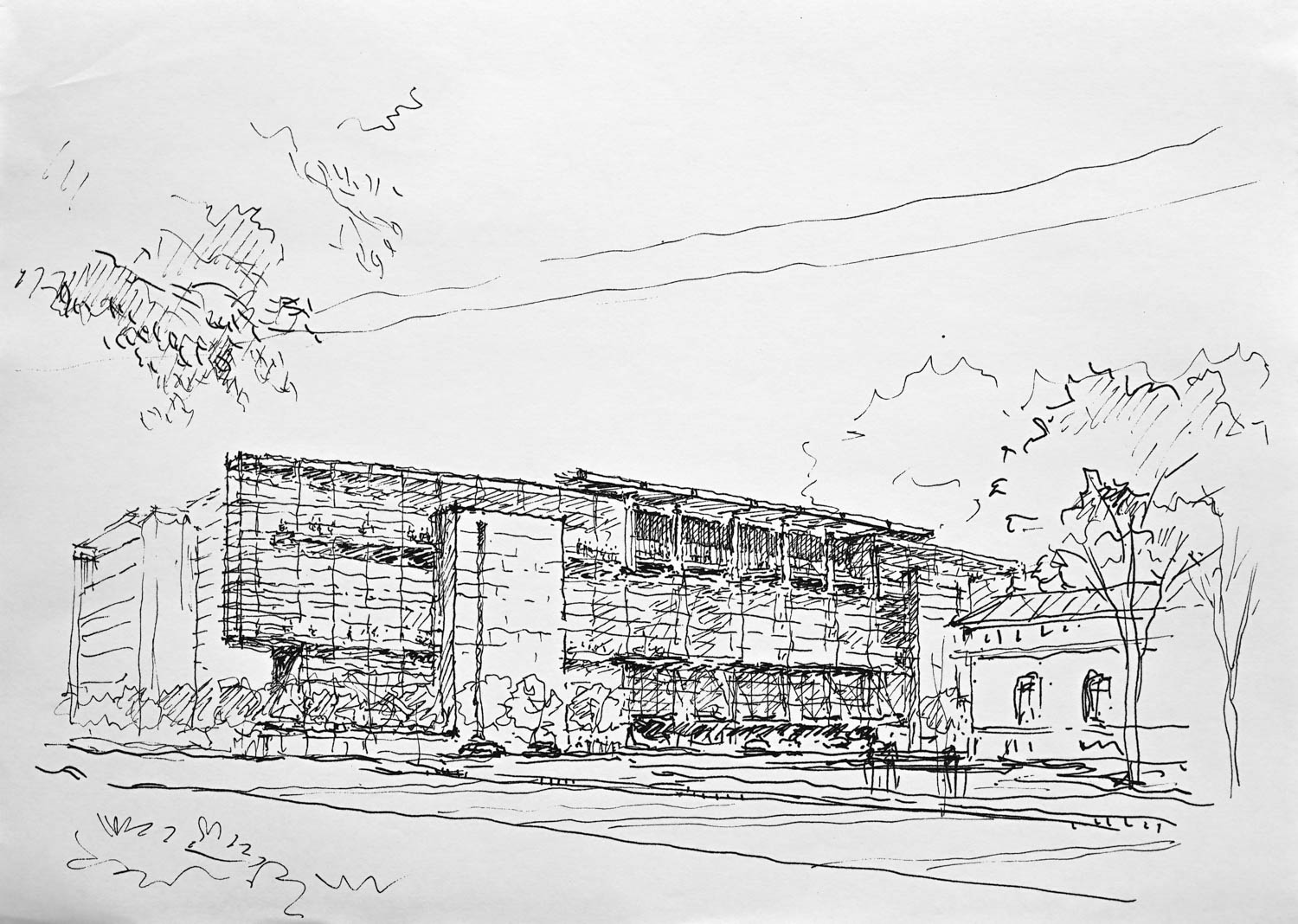 Line drawing of a modern, multi-story building with large windows and surrounding trees, adjacent to a smaller, traditional-style structure.