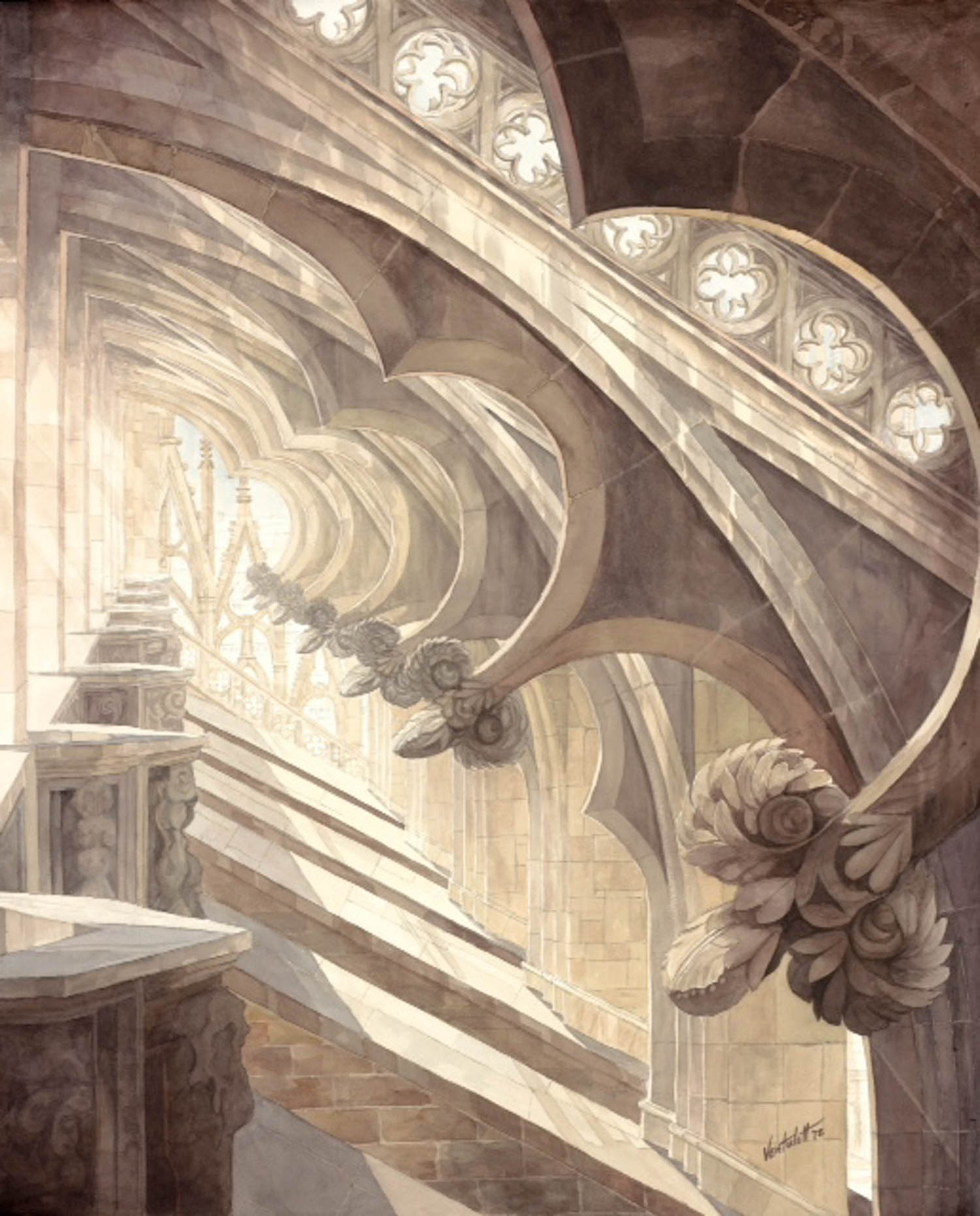Light streams through ornate Gothic arches with floral stone carvings in this architectural illustration, casting intricate shadows on the walls and floor.
