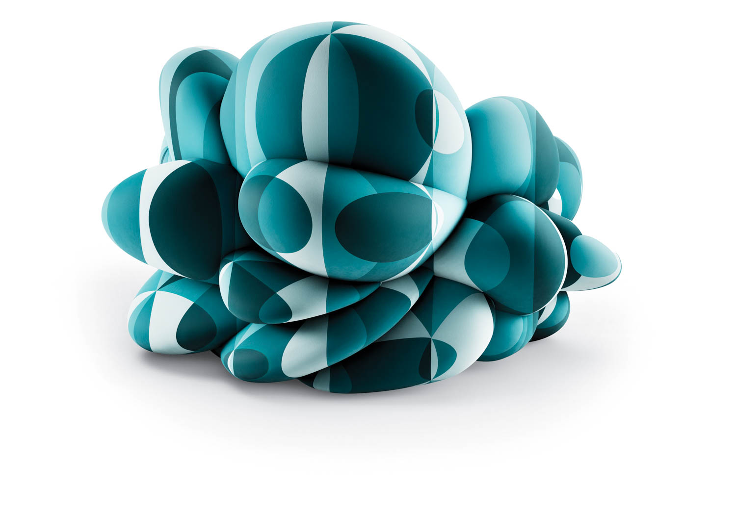 Abstract 3D shape composed of smooth, rounded, blue and white geometric forms with a glossy finish, clustered together on a white background.