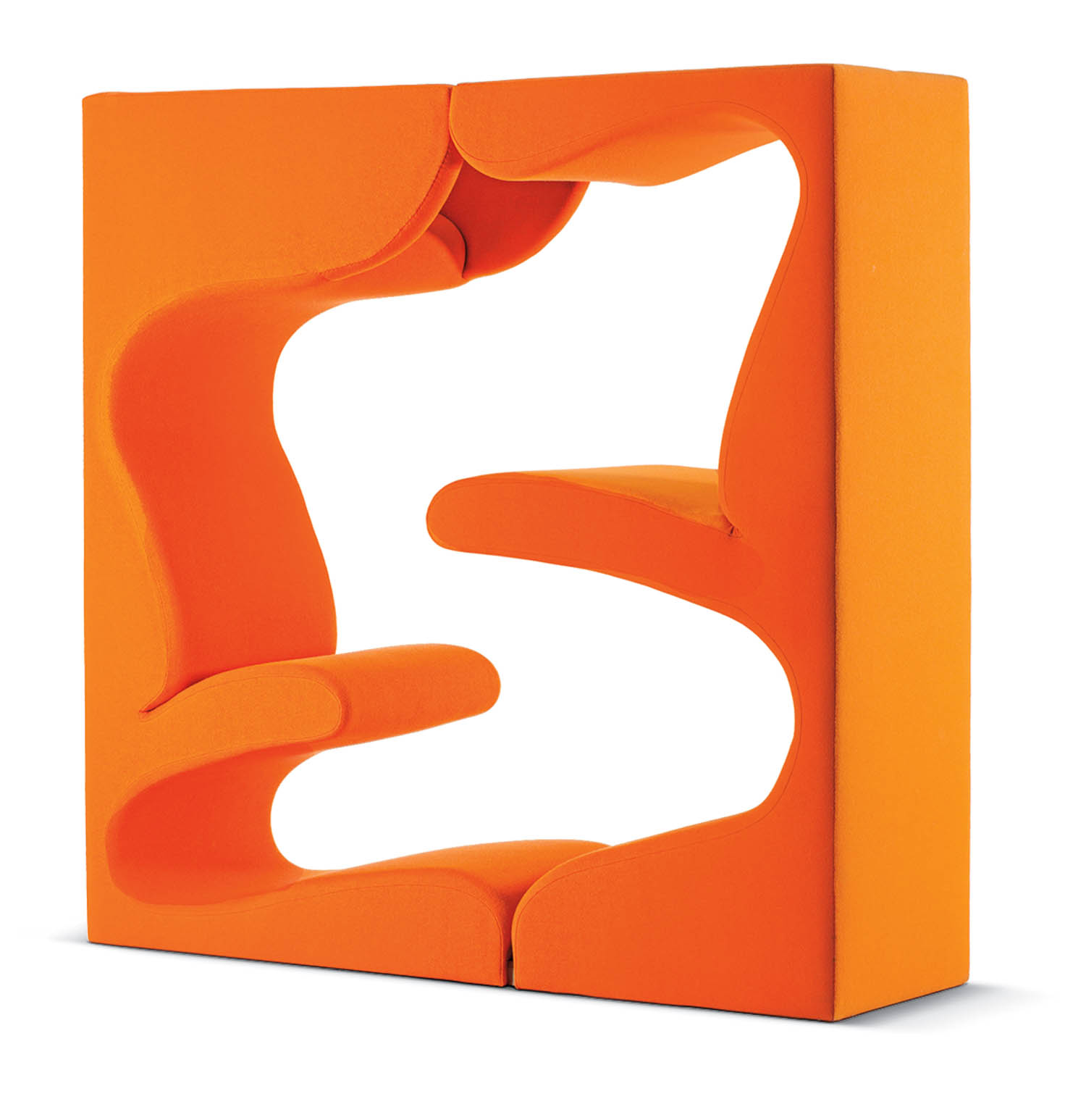 Modular orange foam furniture pieces interlock to form a square sculpture with two seats and shelves, set against a white background.