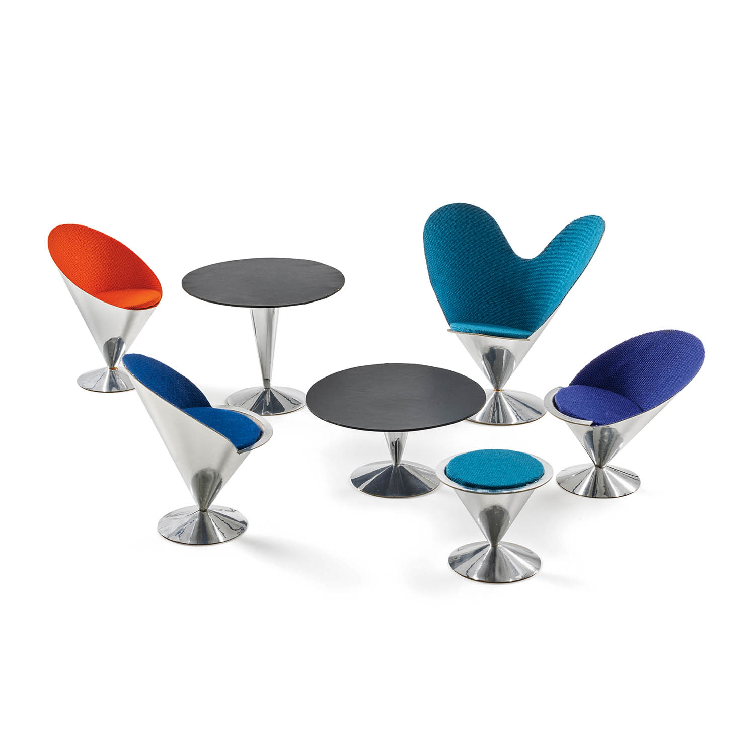 A group of modern metal chairs with colorful fabric seats and two round black tables arranged on a white background.