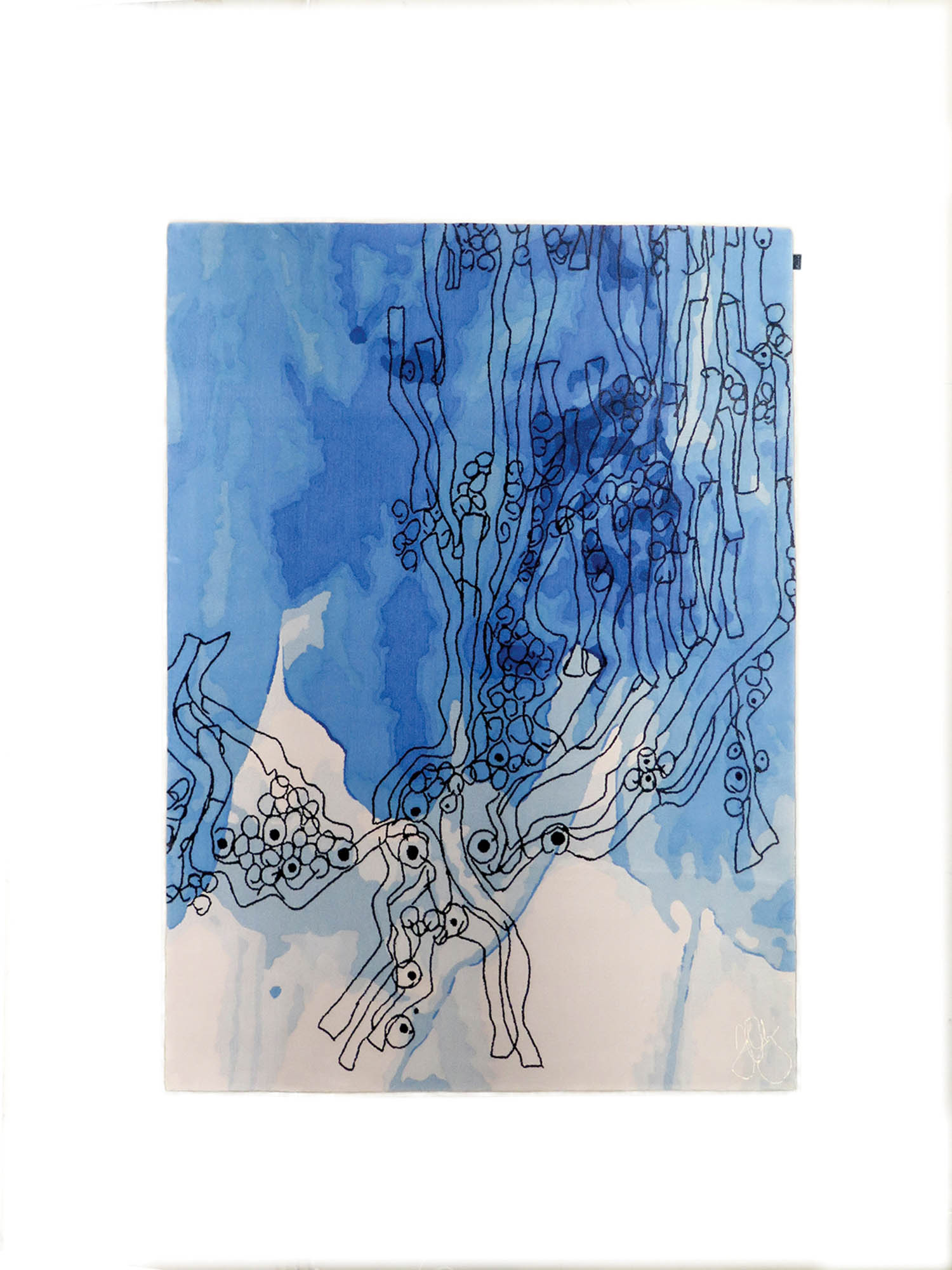 Abstract artwork featuring blue and white watercolor background with black, branch-like lines and circular patterns layered over it.