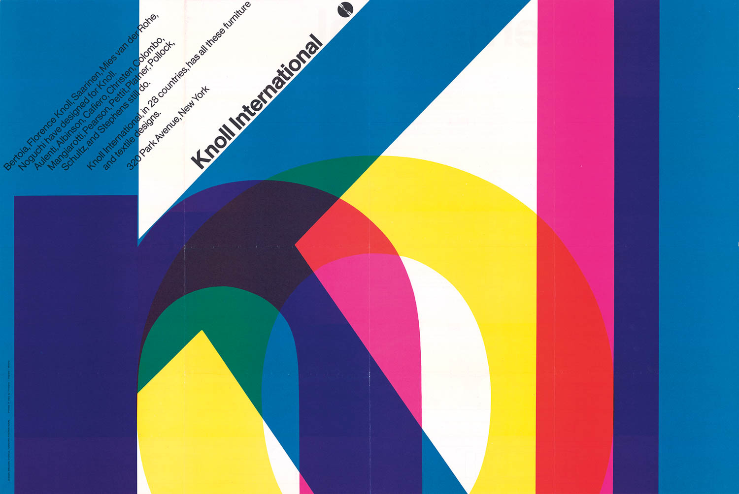 Colorful geometric graphic with overlapping circles and text reading “Knoll International” on a diagonal white stripe, set against a blue background.