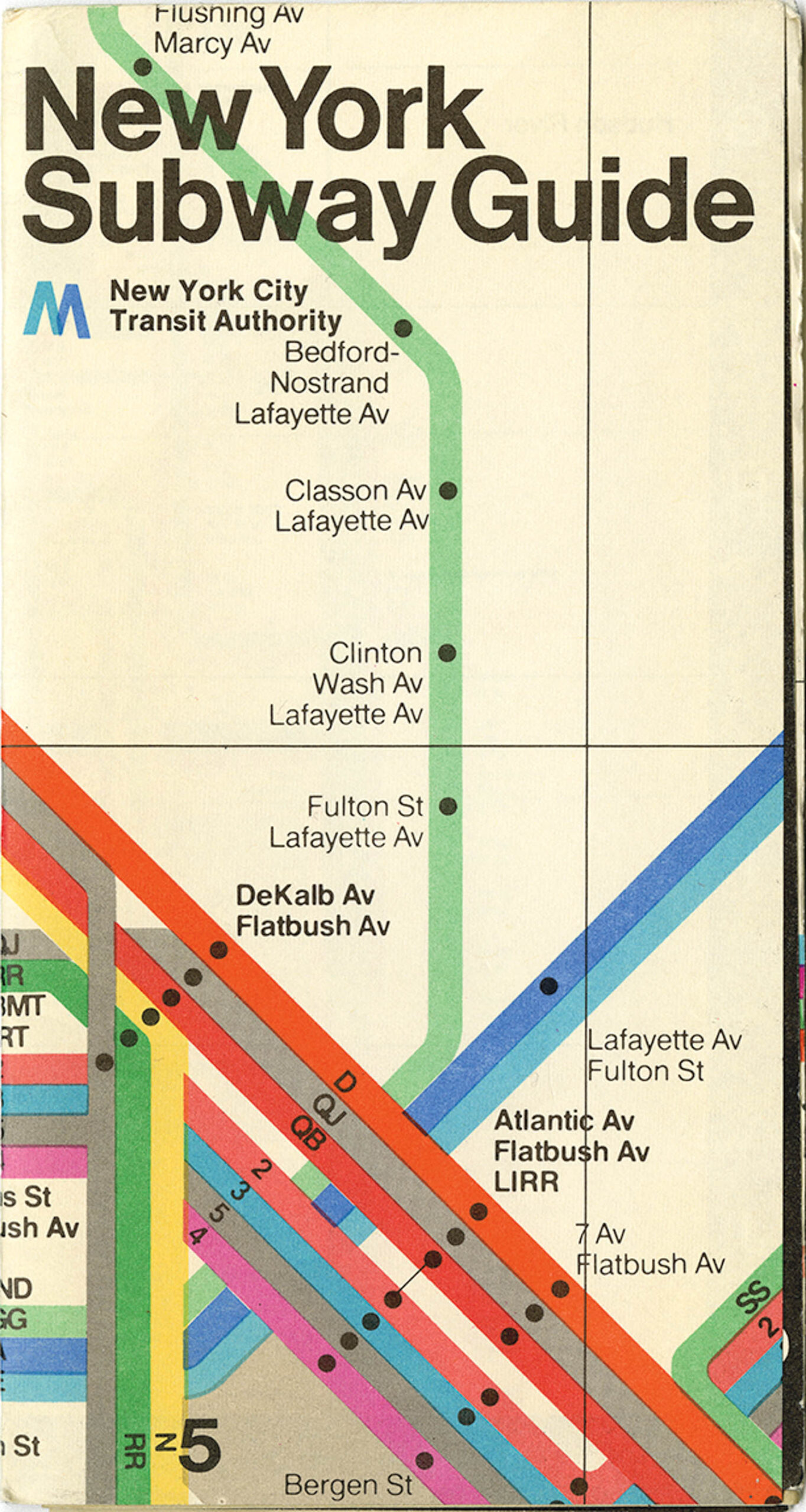 New York City Subway Guide cover showing part of a subway map with station names and colored lines, published by the NYC Transit Authority.