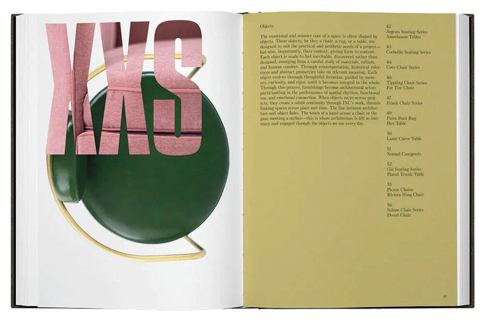 An open book with a green chair and large pink “S XX” text on the left page, and a beige right page with a list of objects and descriptions in small black font.