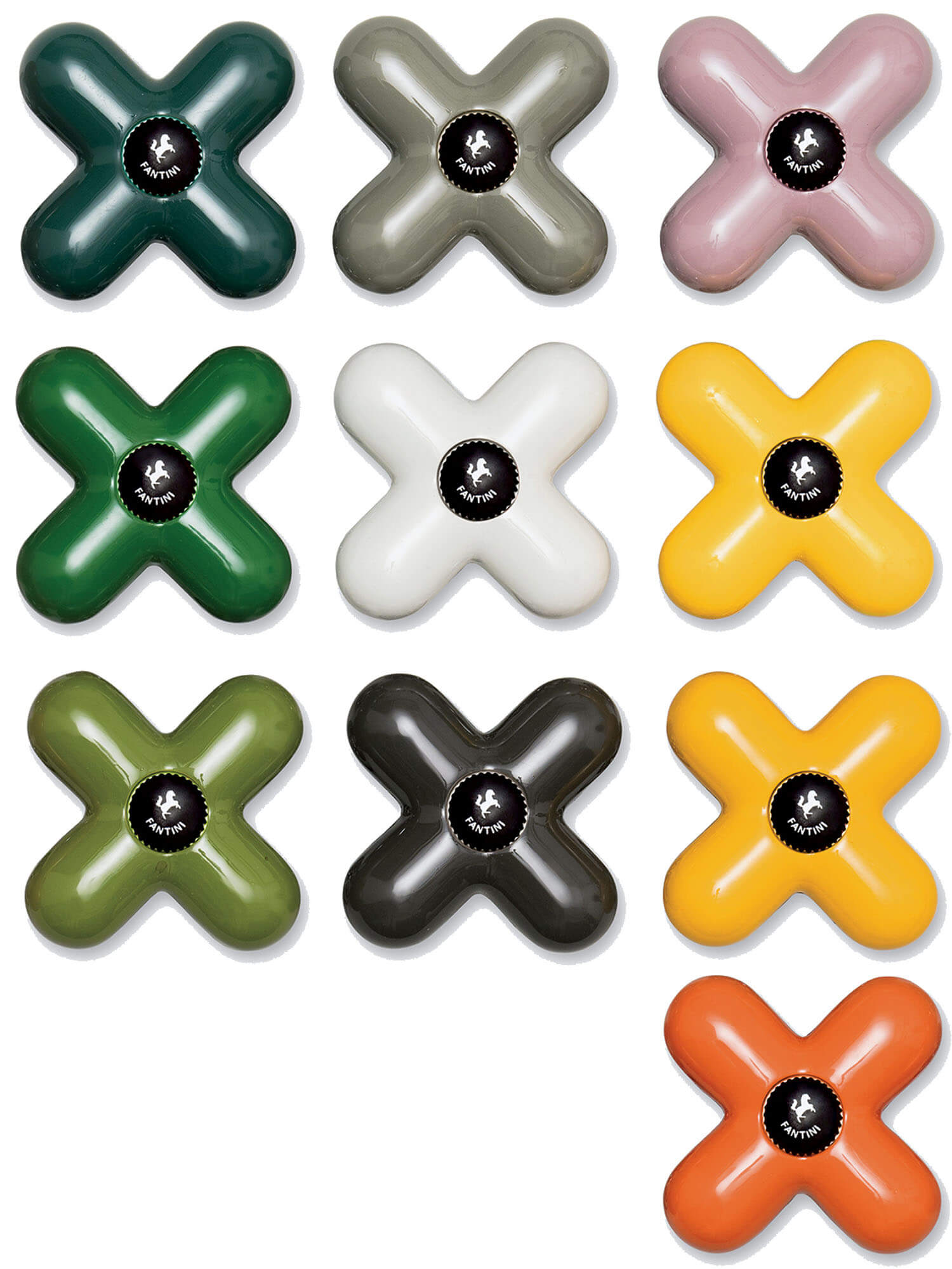 A grid of ten cross-shaped bathroom faucet handles in various colors, each with a black center labeled “HOT WATER.”.