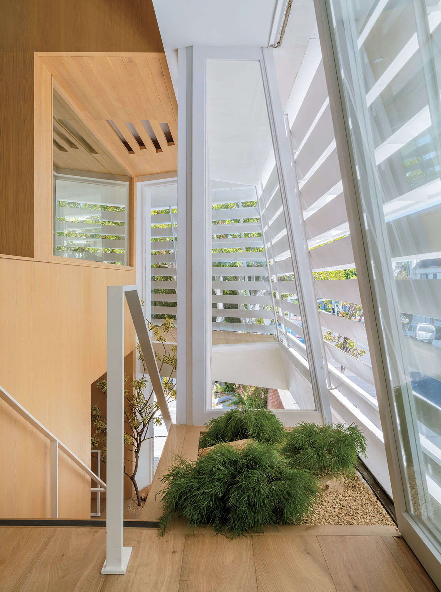 Staircase with light wooden steps, white railing, and a small indoor plant area beside large windows with horizontal slats.