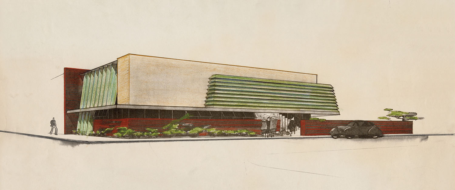 Architectural illustration of a modern, rectangular building with green horizontal shades, red accents, large windows, plants, a car, and a person walking on the sidewalk.