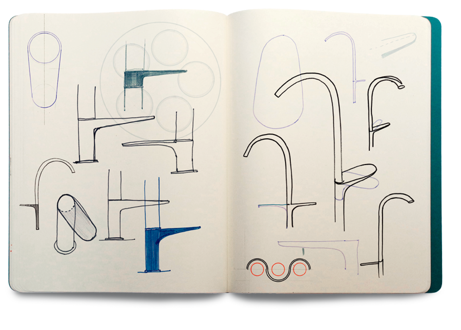 Open sketchbook showing abstract, minimalist line drawings of chair and furniture-like shapes in black, blue, and purple ink on both pages.
