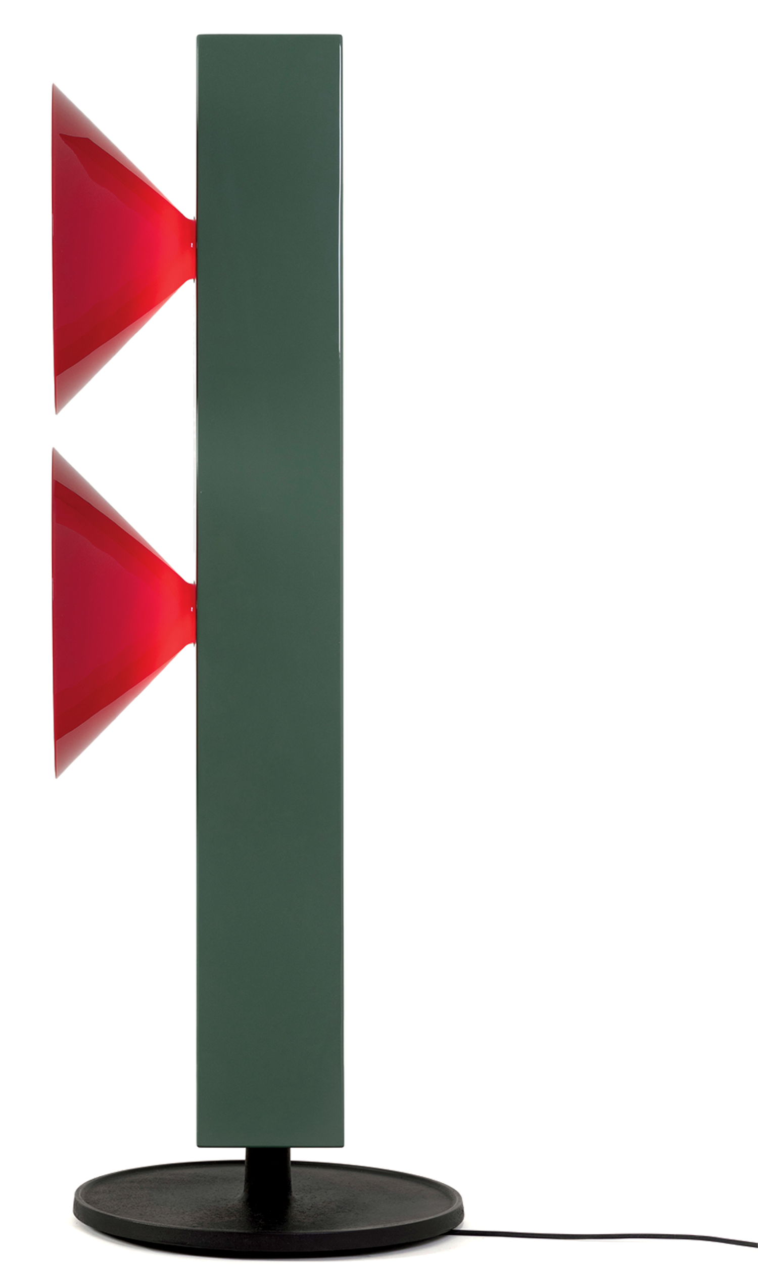 A modern table lamp with a vertical green rectangular base, two red cone-shaped lights on one side, and a black circular base.