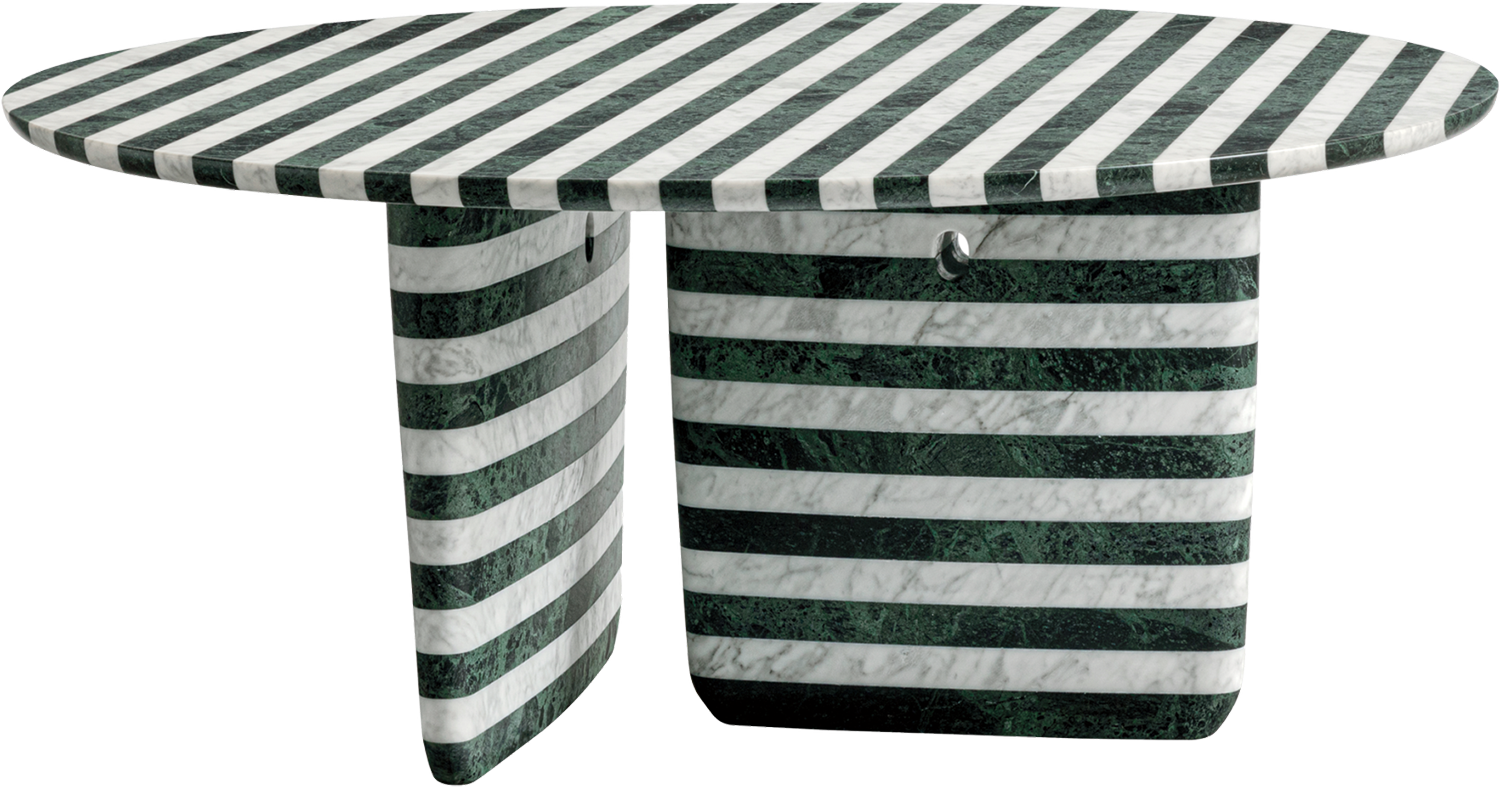 Oval table with a striped green and white marble top and matching striped marble pedestal legs.