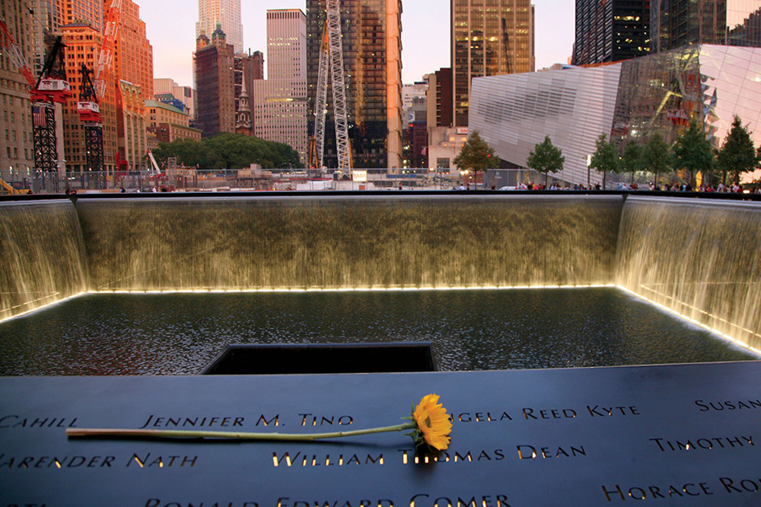 A yellow flower rests on a name at the 9/11 Memorial reflecting pool in New York City, surrounded by buildings at dusk.