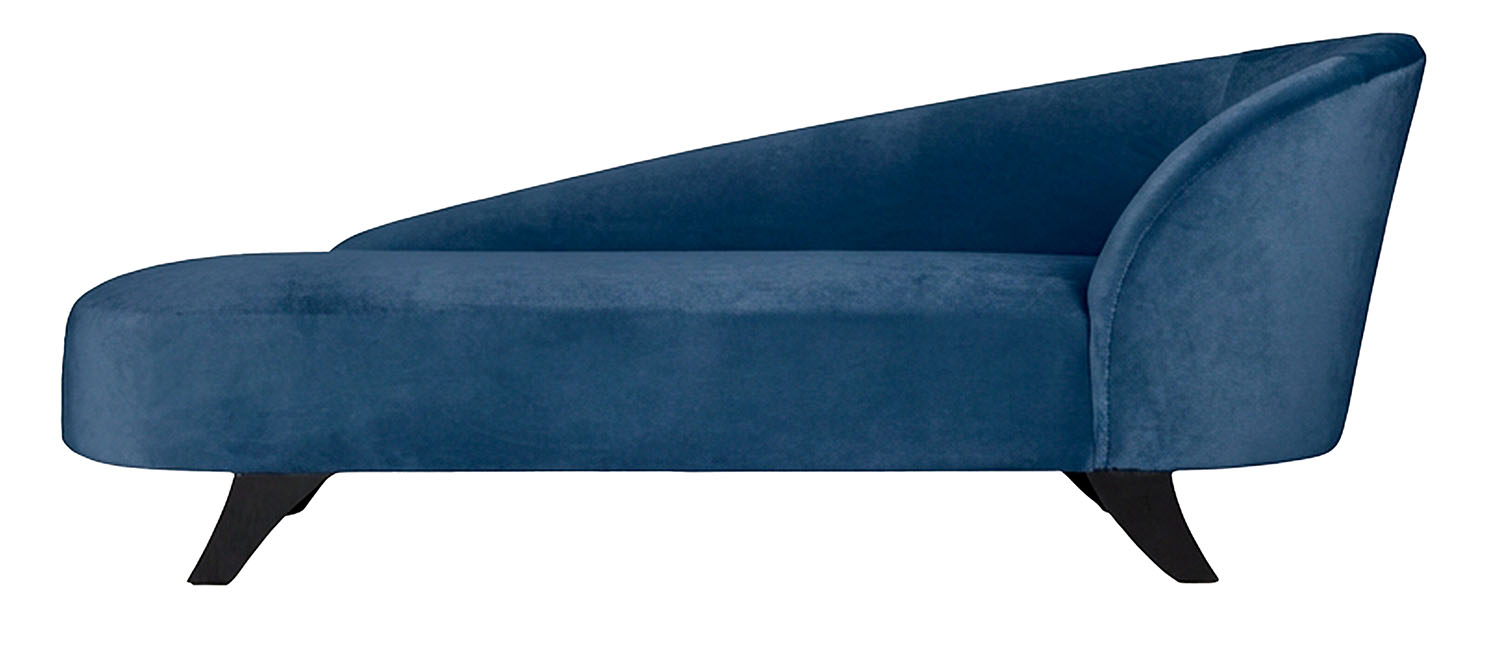 Blue velvet chaise lounge with angled backrest and dark wooden legs, shown from the side against a white background.