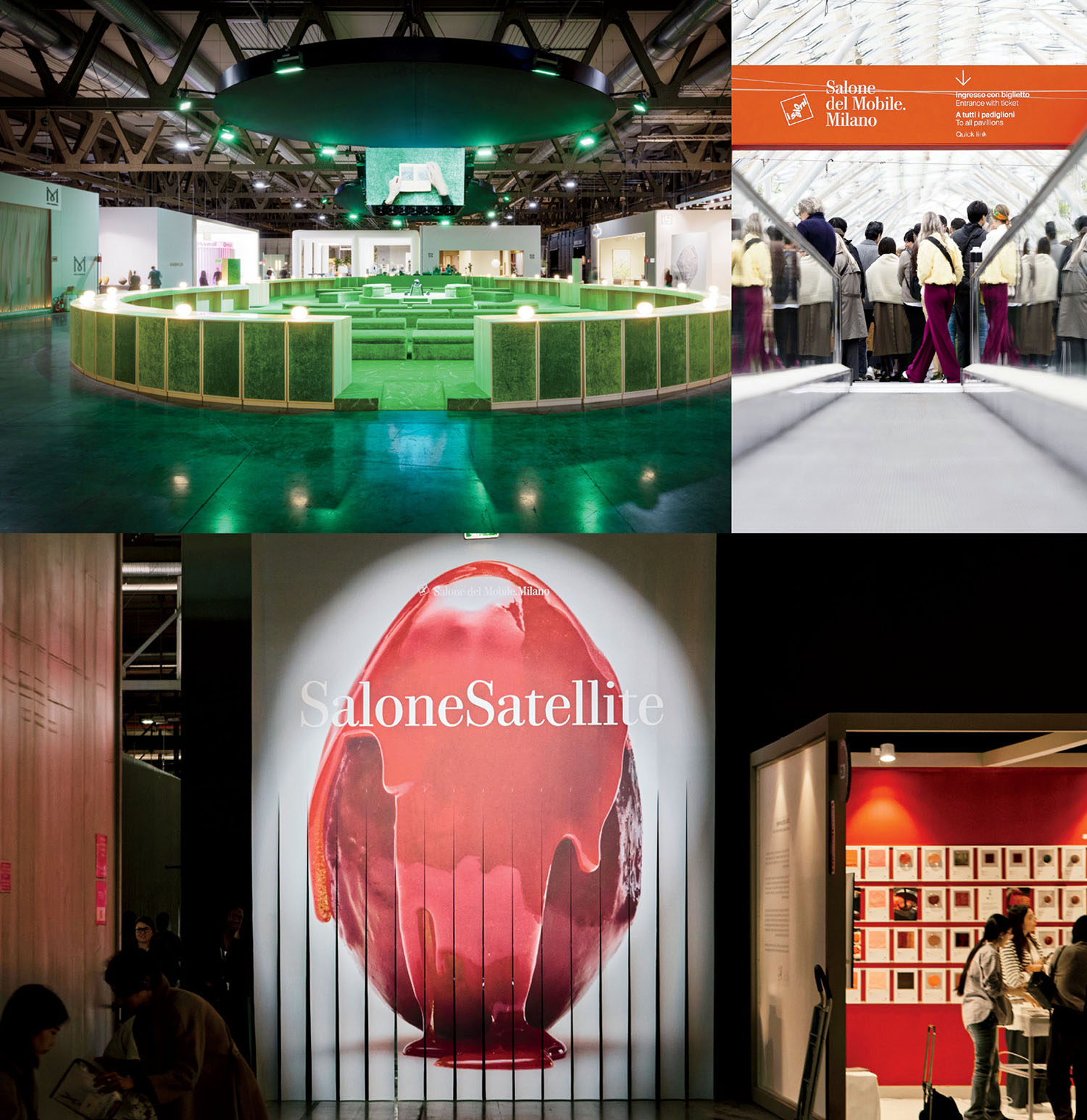 Composite image of SaloneSatellite at Salone del Mobile Milano, showing a circular exhibit, entrance queue, large logo display, and people viewing a book exhibit.