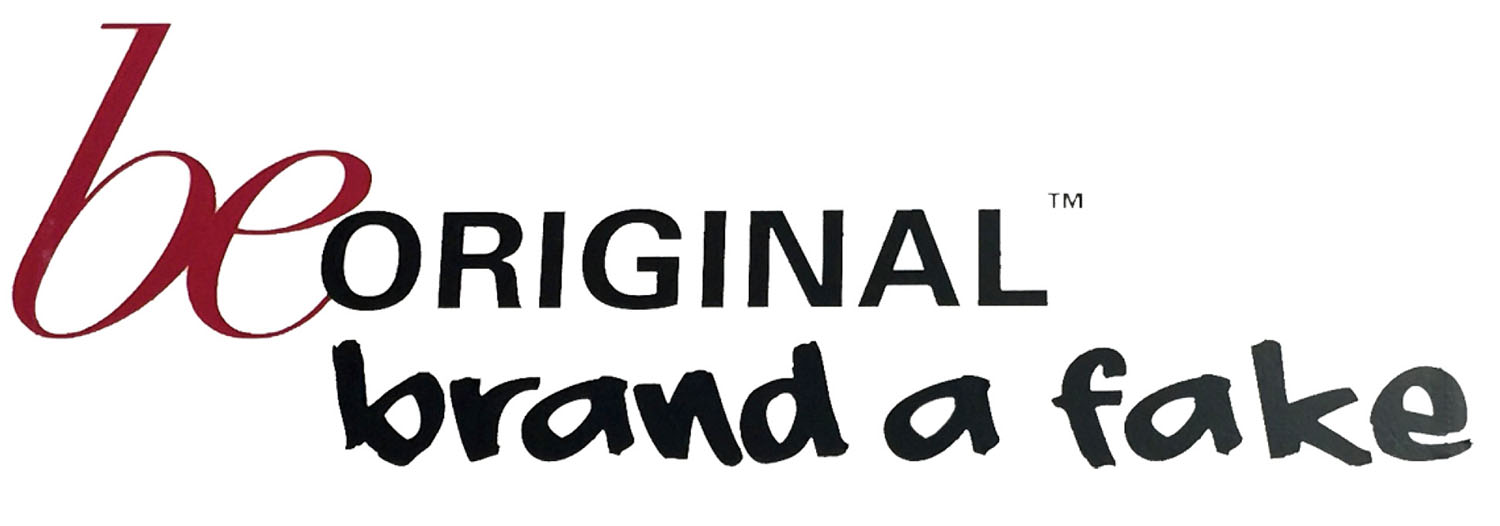 Text reads “be ORIGINAL brand a fake” with “be” in red script and the rest in black, suggesting a message about authenticity and imitation.