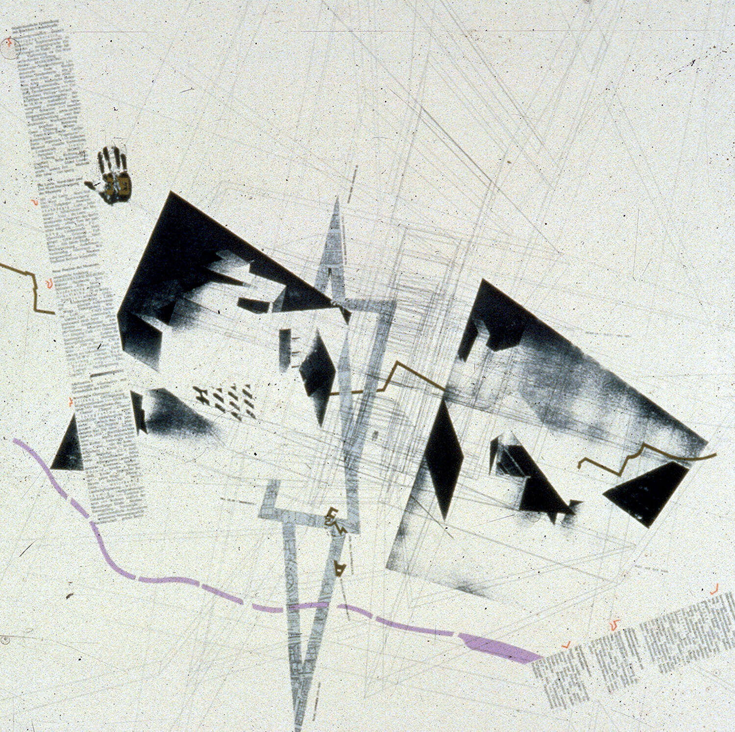 Abstract architectural drawing with geometric shapes, angled shaded areas, lines, scattered text, a handprint, and a purple line across the bottom third of the composition.