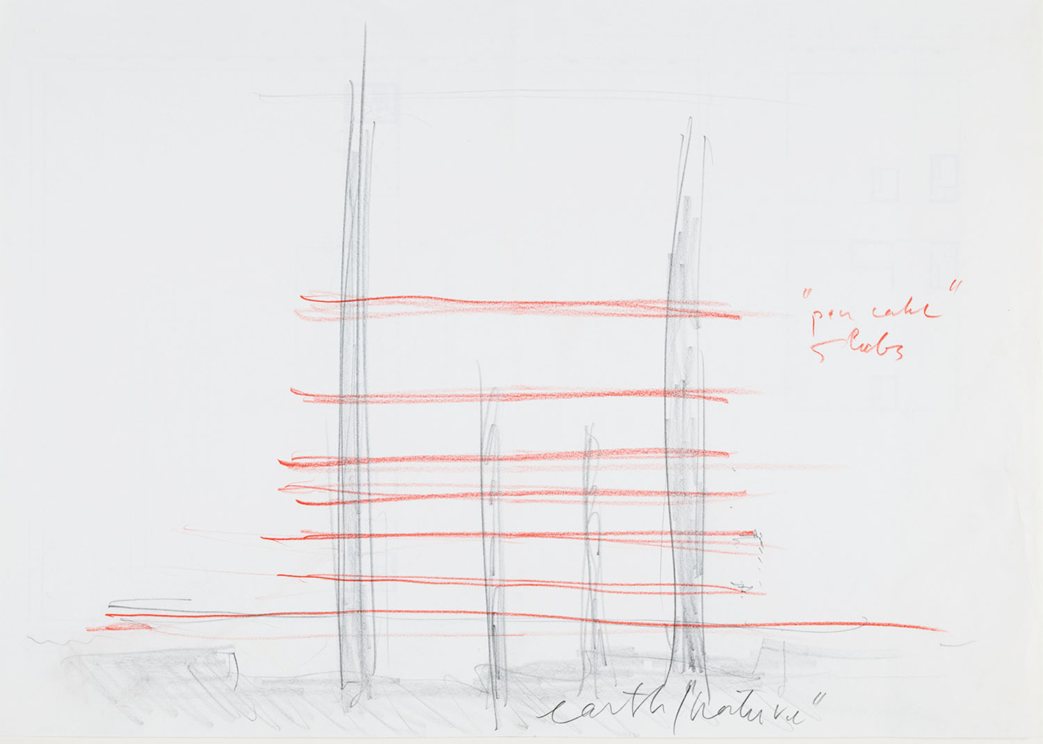 Sketch of vertical gray lines and seven horizontal red lines, labeled “pine cable” and “slabs” in red, with “earth nature” written at the bottom in pencil.