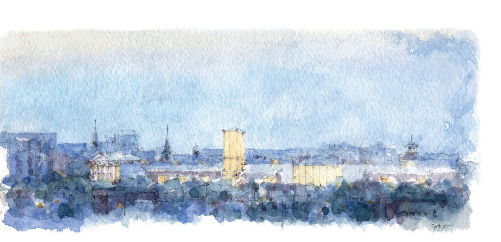 Watercolor painting of a cityscape under a blue sky, featuring a skyline with various buildings and architectural details in light and muted tones.