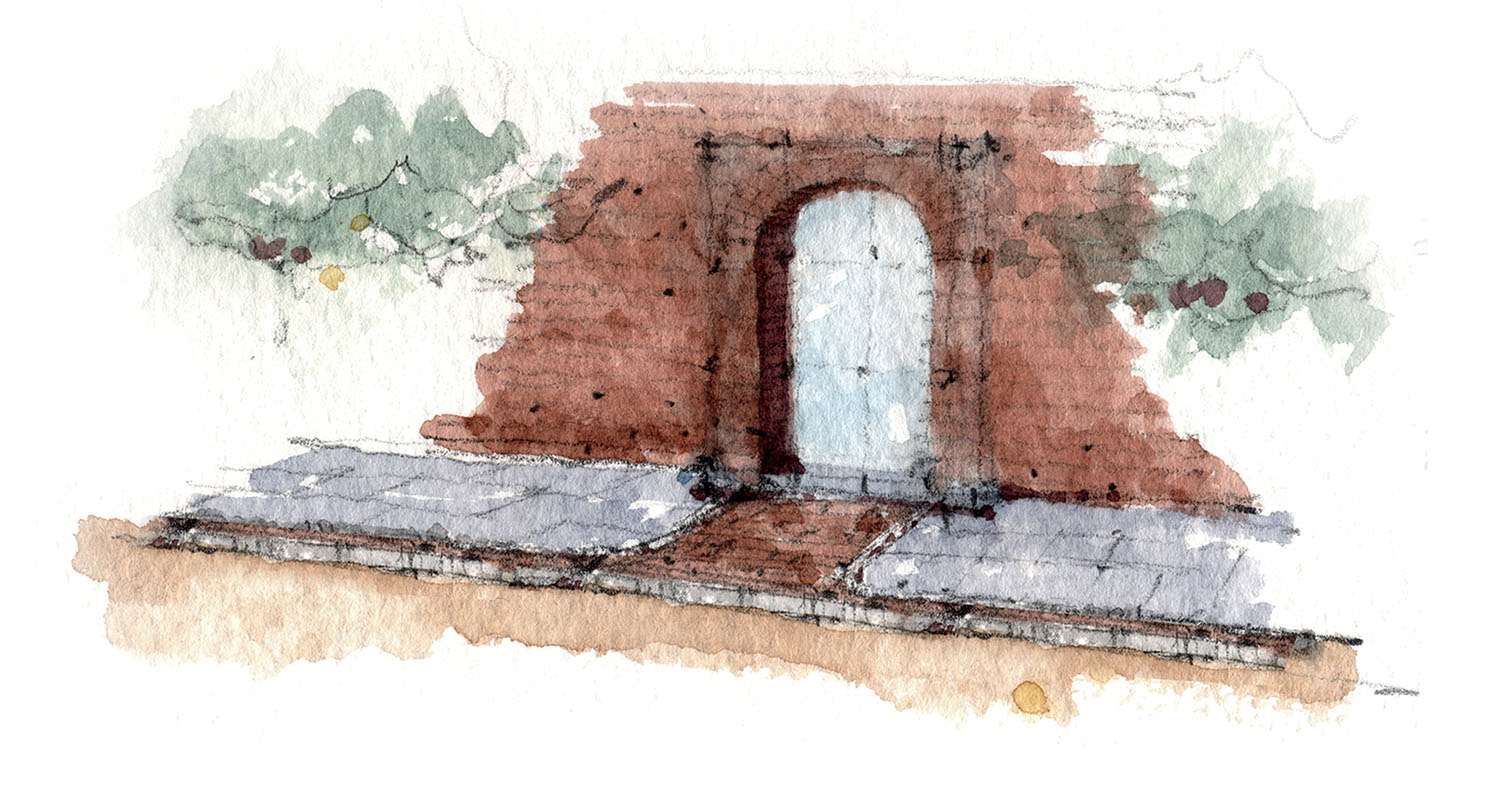 Watercolor illustration of a brick wall with an arched wooden door, flanked by greenery and set on a paved path.