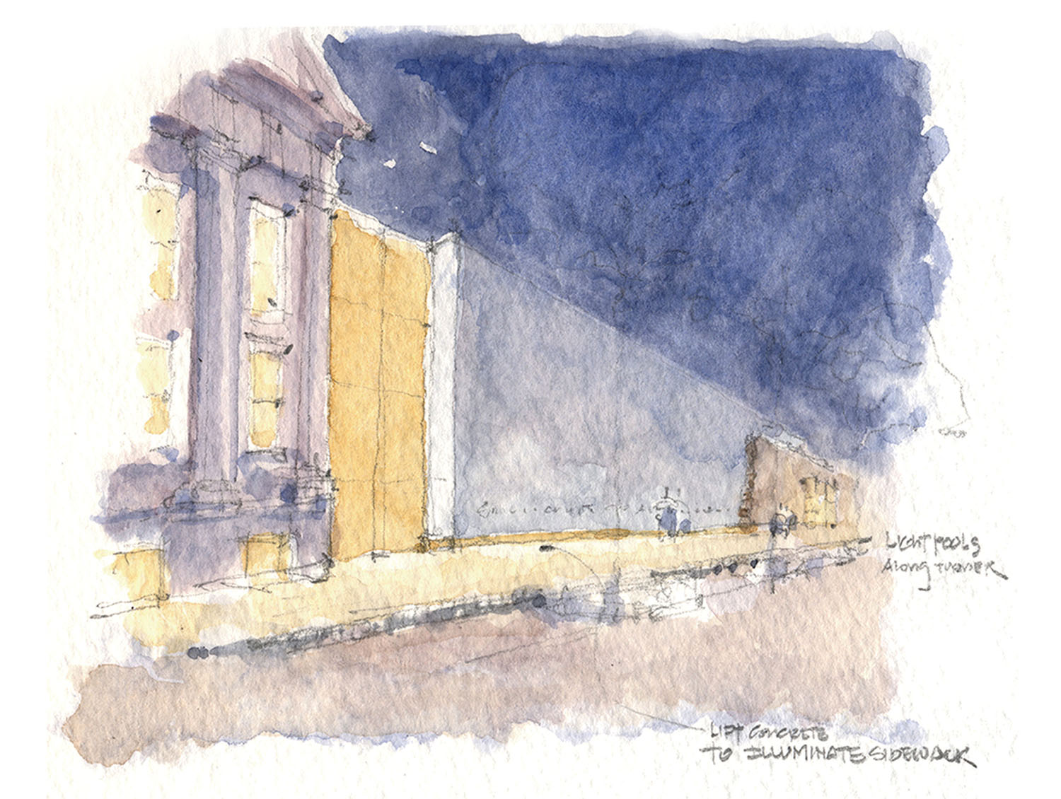 Watercolor sketch of a street scene showing light projected from a building onto a sidewalk at night, highlighting paths and casting shadows. Architectural features and figures are visible.