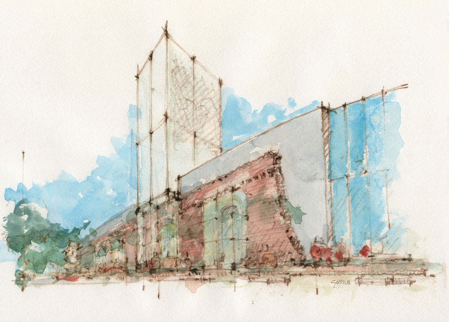Watercolor architectural sketch of a building combining red brick with modern glass extensions, set against a blue sky background.