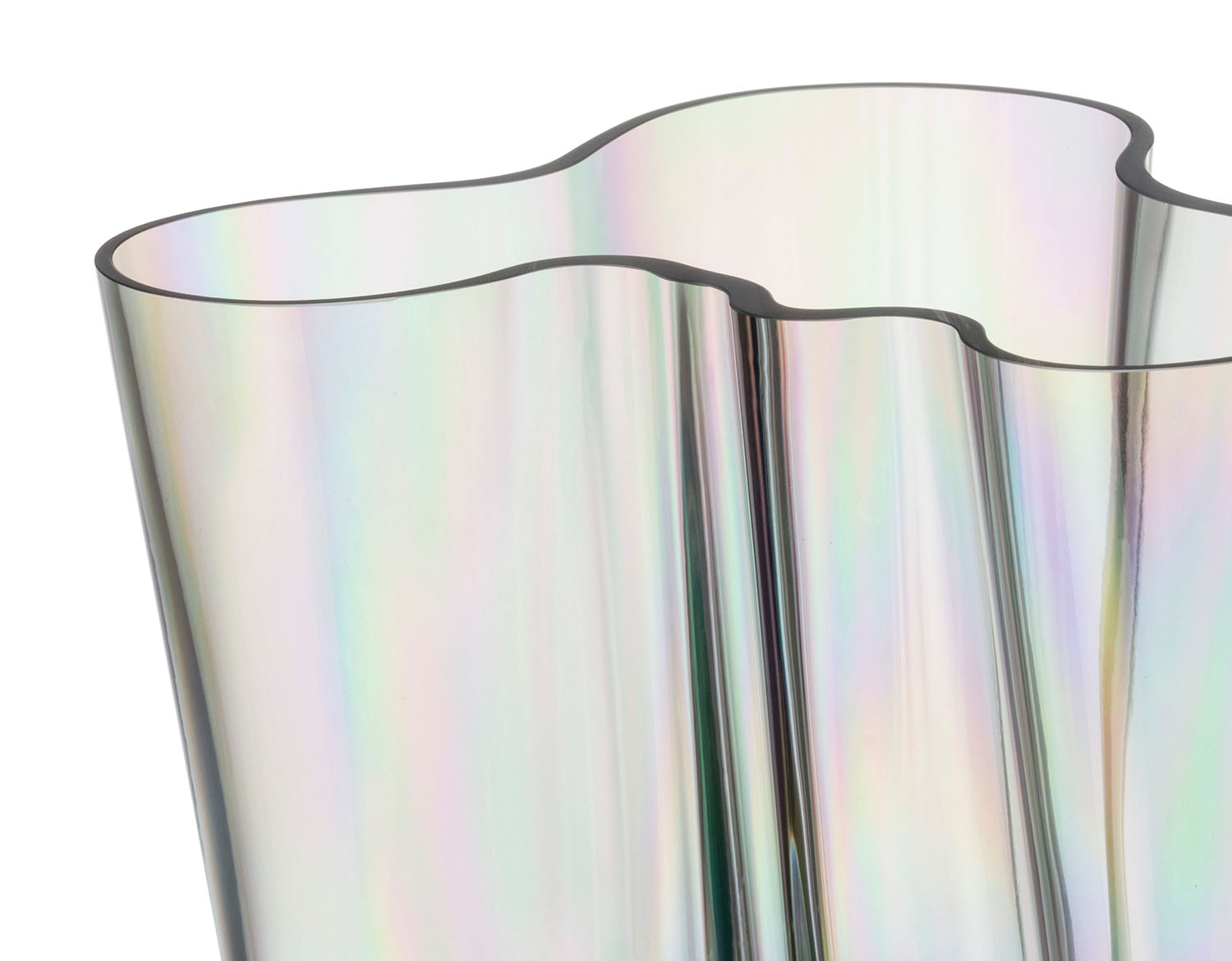 A close-up of a wavy-edged, iridescent glass vase with a smooth, reflective surface on a white background.