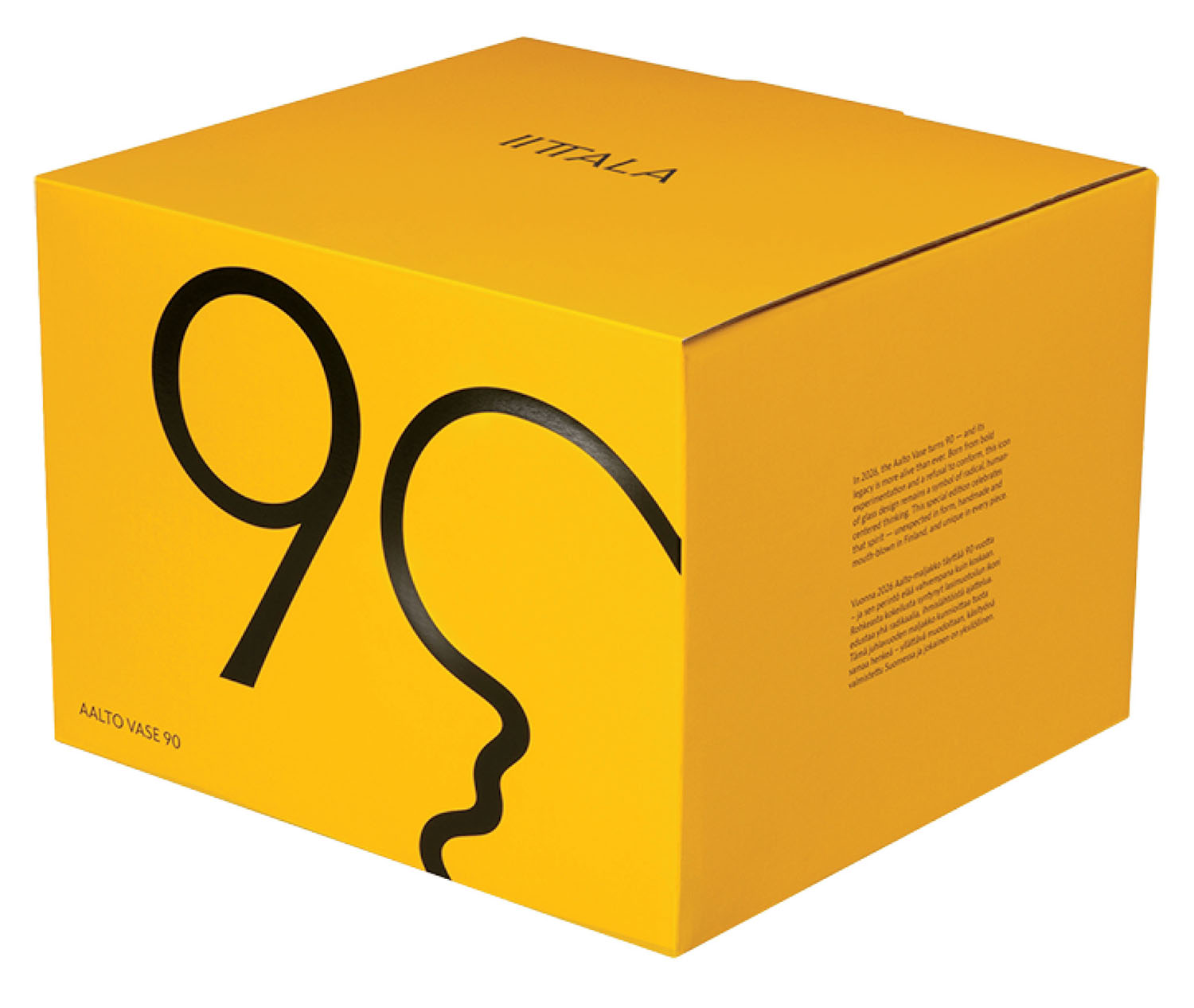 A yellow box with black abstract line art and text, featuring “Iittala” on top and “Aalto Vase 90” on the side, commemorating the 90th anniversary of the Aalto Vase.