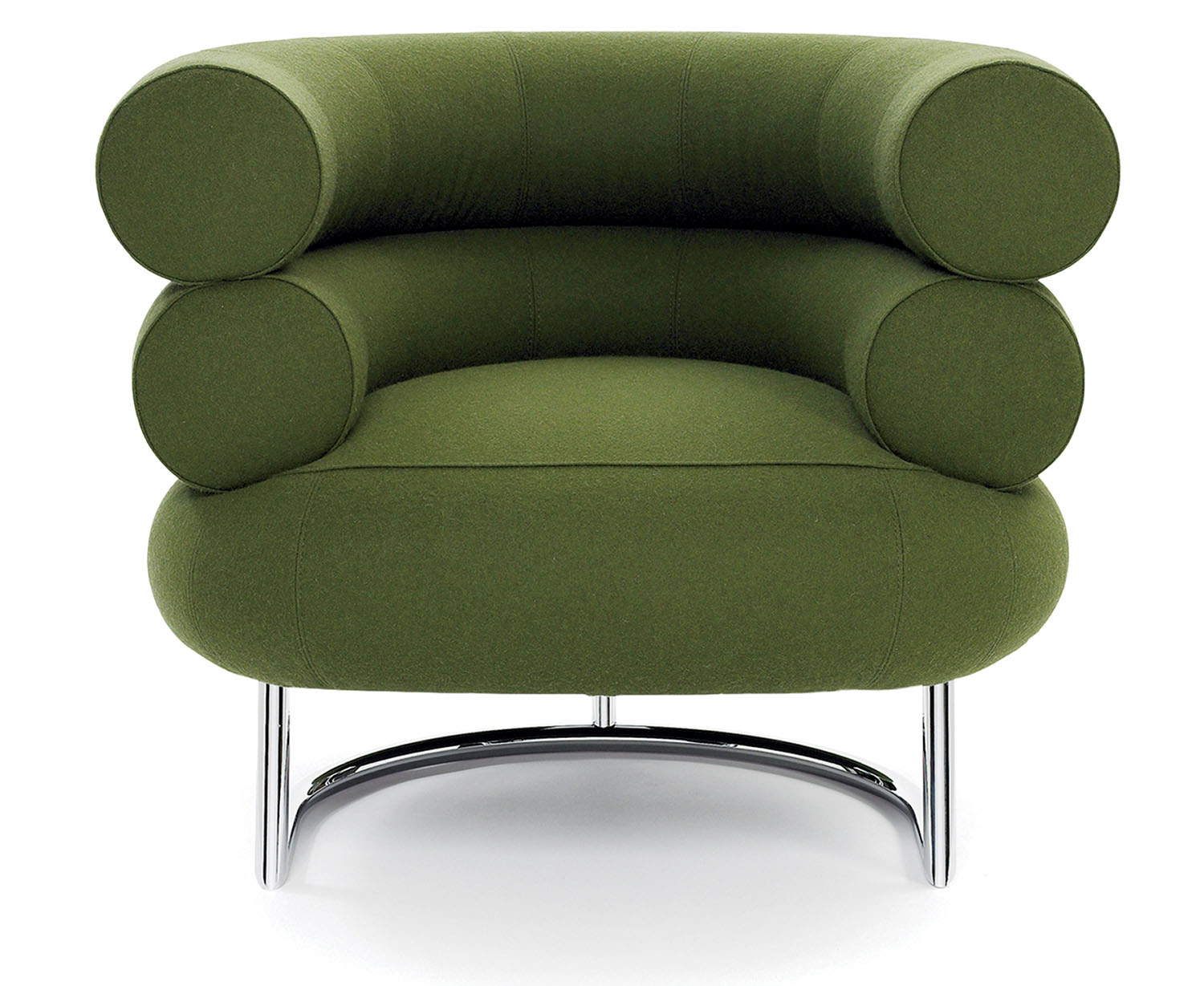 Modern green upholstered armchair with cylindrical cushions and a polished metal base, viewed from the front.