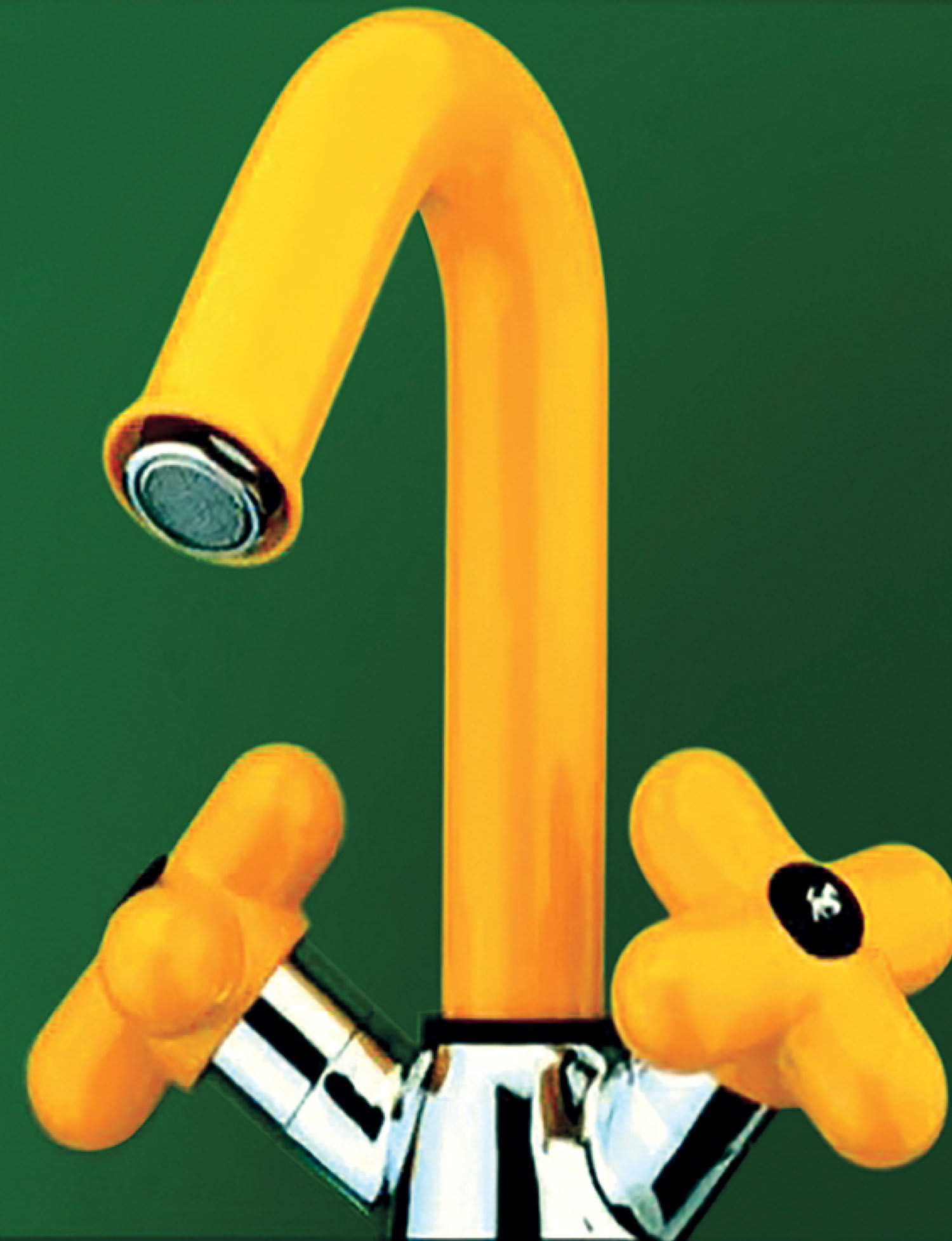 A yellow faucet with two matching yellow, flower-shaped handles is set against a solid green background.