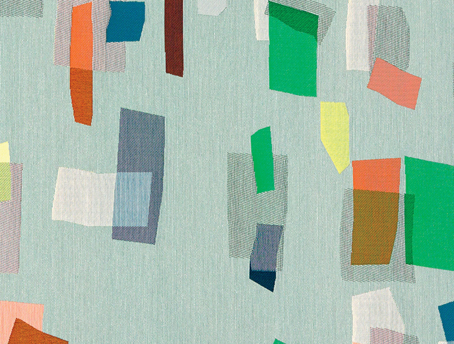 Abstract pattern featuring overlapping rectangular shapes in various colors, including green, orange, blue, and yellow, on a textured light blue background.