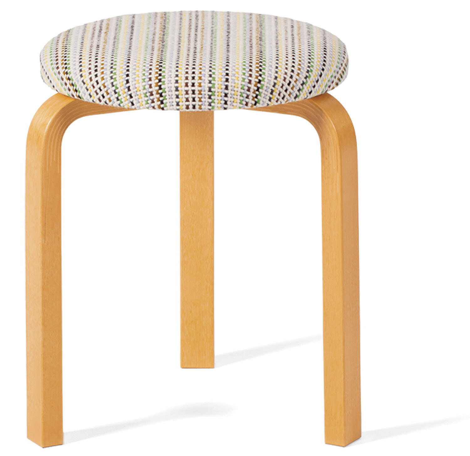 A round, upholstered stool with a patterned fabric seat and three light wood legs, viewed from a slight angle against a white background.