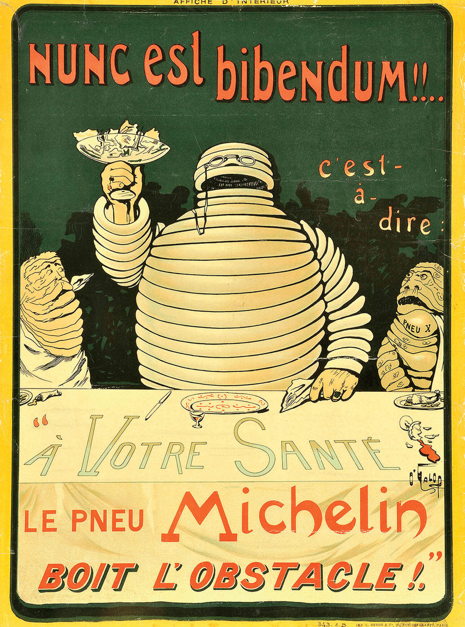Vintage Michelin poster featuring the Bibendum mascot raising a glass, surrounded by other tire characters, with French text promoting Michelin tires.