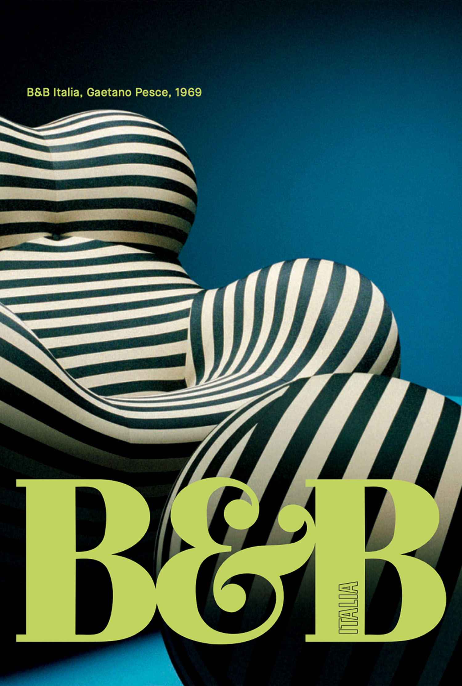 Black and white striped armchair with rounded shapes on a blue background; large light green “B&B Italia” text overlays the image.