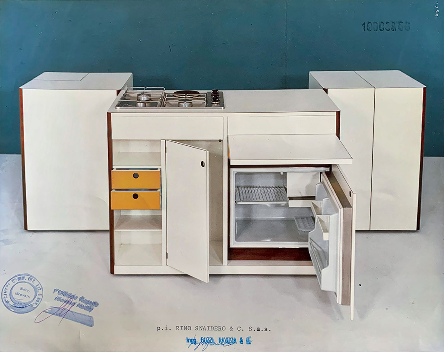 A vintage modular kitchen unit with an open fridge, open cabinet, stove, and drawers, set against a blue wall and flanked by two closed cabinets.