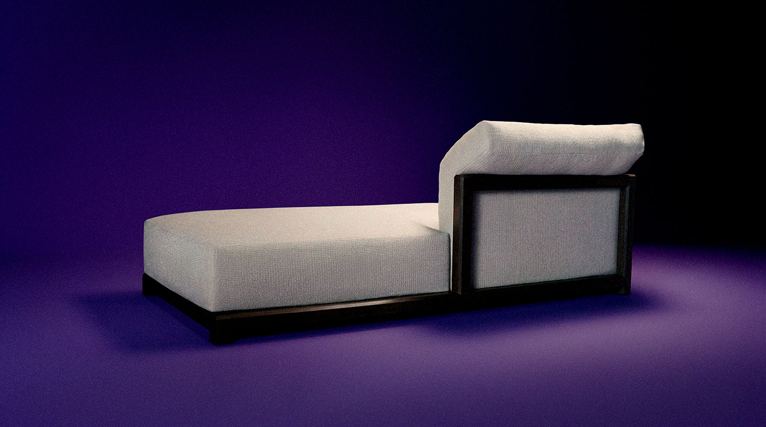 A modern chaise lounge chair with a light gray cushion and dark frame is set against a purple gradient background.