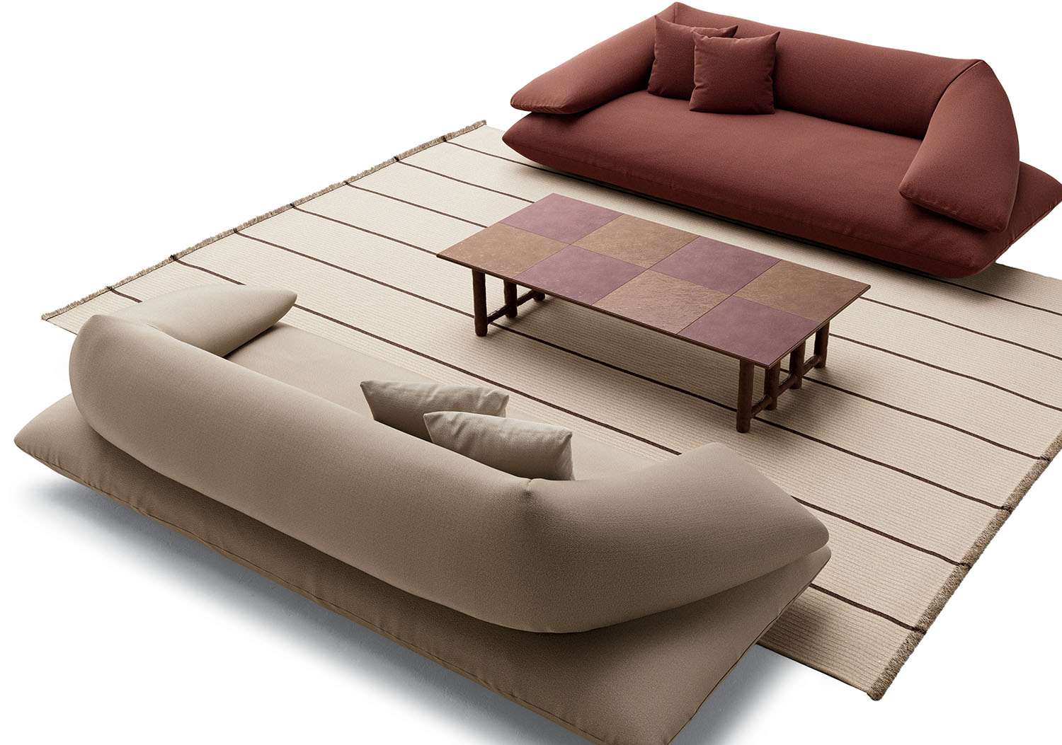 Two modern sofas, one brown and one beige, face each other across a rectangular coffee table on a striped area rug.