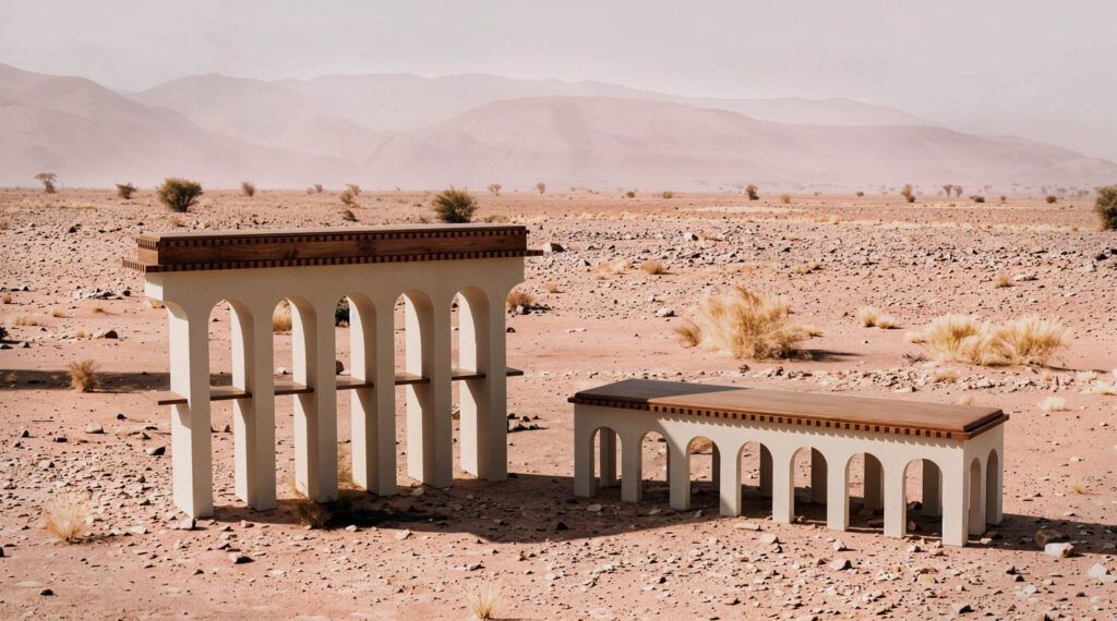 Two arched benches with wooden tops and cream-colored bases sitting in a desert landscape.
