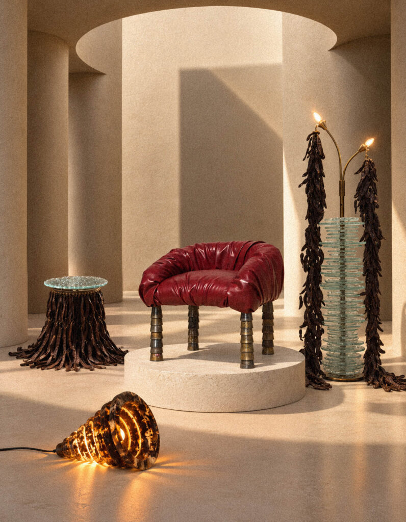 A red armchair on a circular pedestal, flanked by a side table and a tall lamp, with a conical floor light in the foreground.