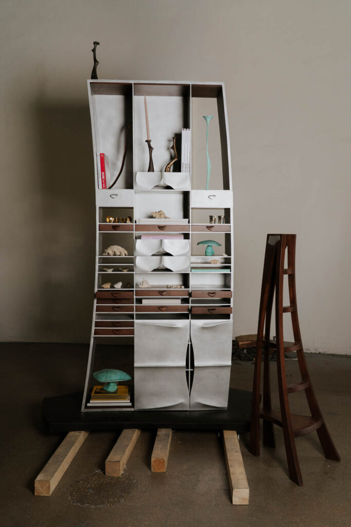 A tall, asymmetrical metal cabinet with various shelves and drawers, displaying decorative objects and books, next to a dark wood ladder-style stand.