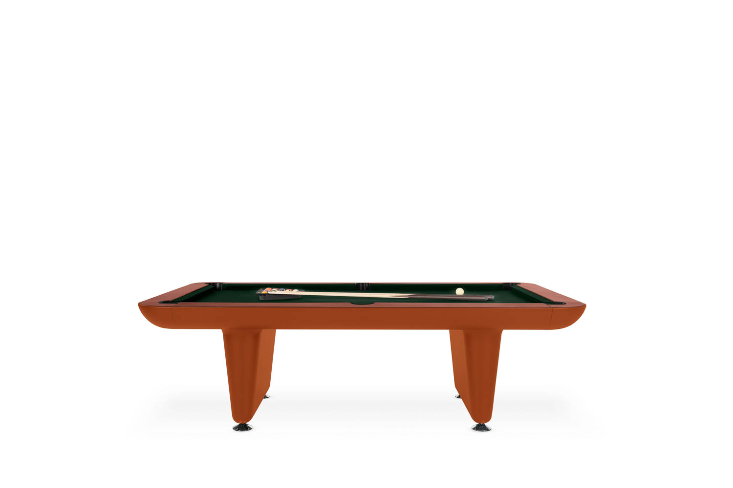A modern orange pool table with a green felt surface, cue stick, rack, and balls arranged on top, set against a white background.